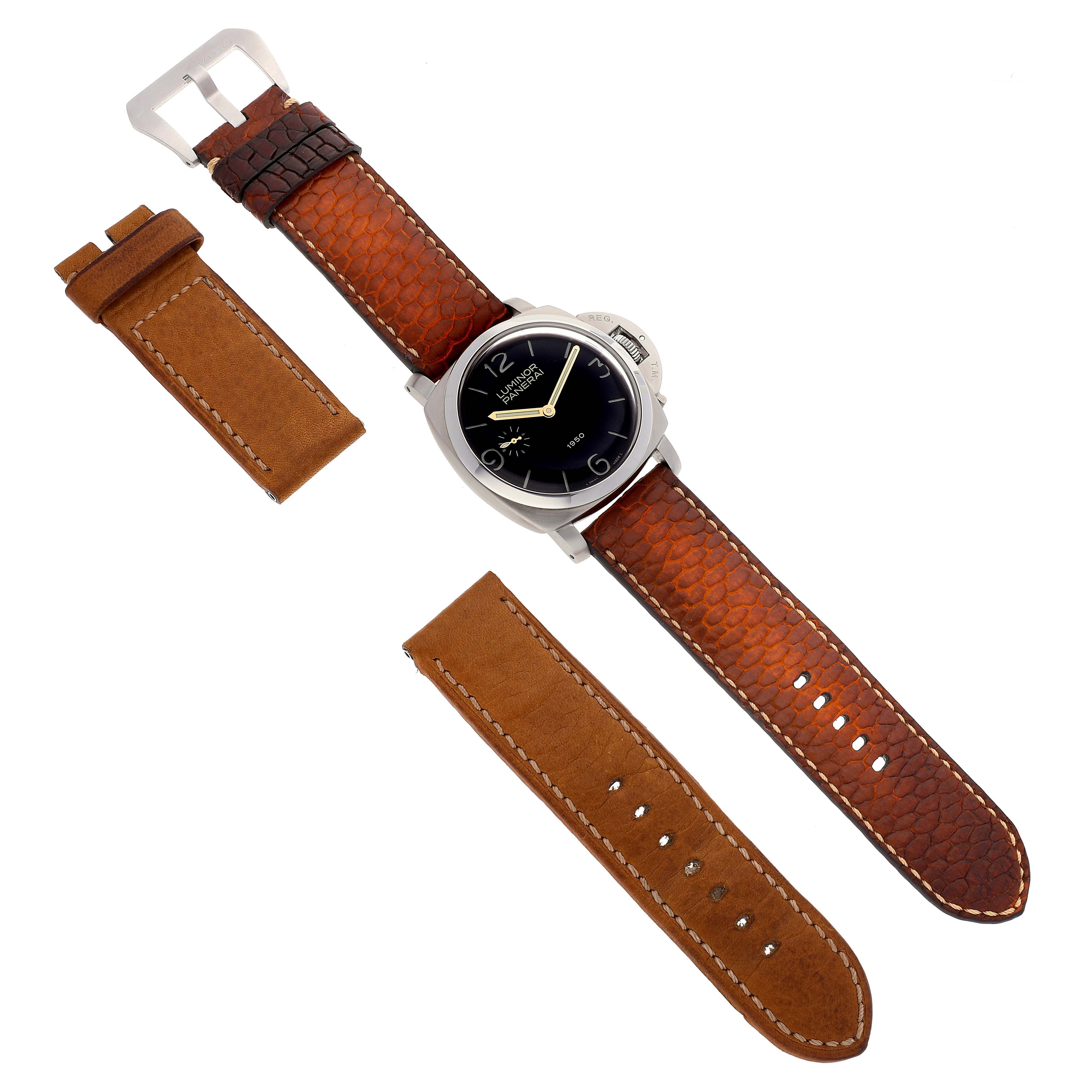 The image shows a top-down view of a Panerai Luminor PAM00127 Men
s Stainless Steel Black Dial PAM00127 Men
s Stainless Steel Black Dial watch with a brown leather strap, accompanied by two additional brown leather straps.
