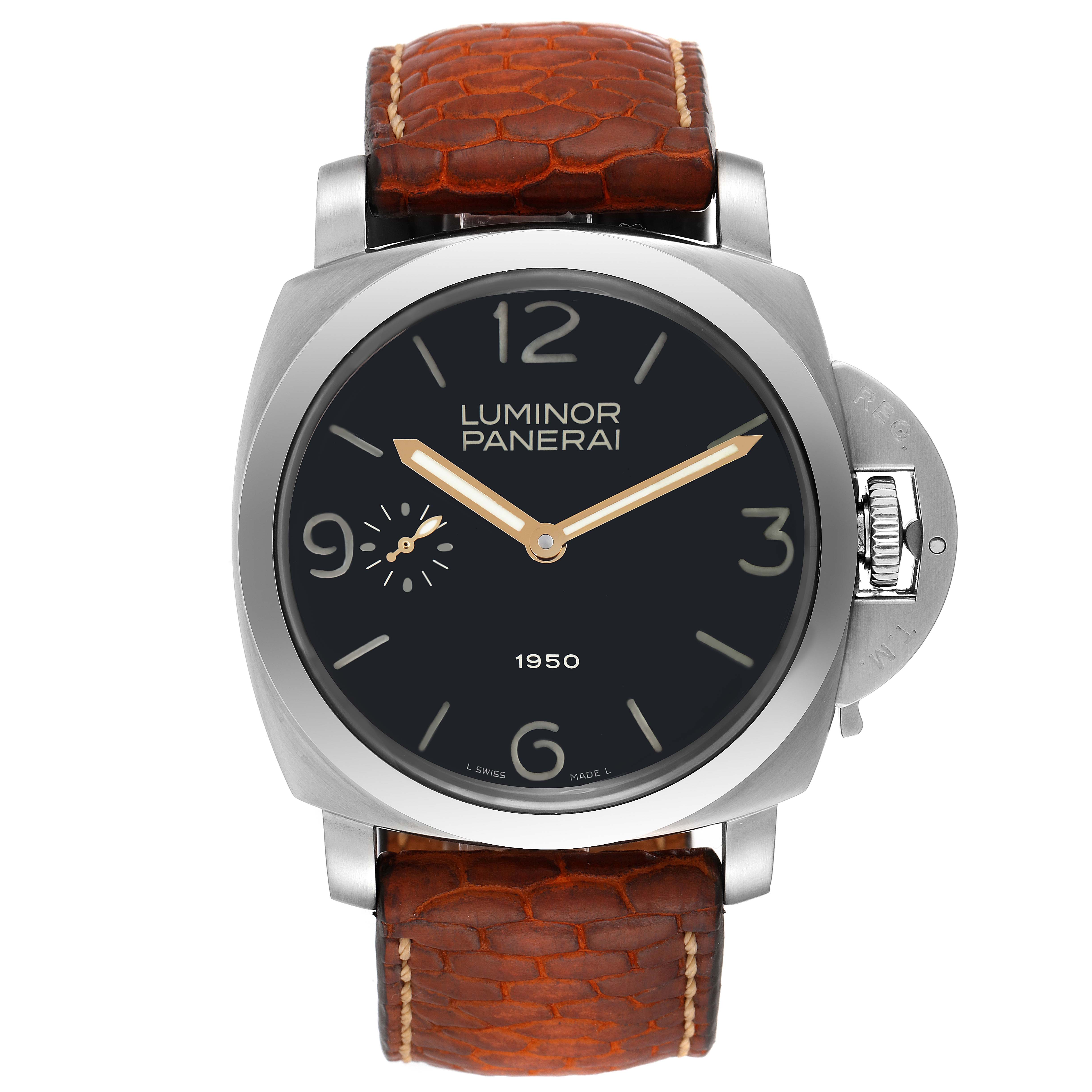 The image shows a front view of a Panerai Luminor PAM00127 Men
s Stainless Steel Black Dial PAM00127 Men
s Stainless Steel Black Dial watch, featuring a black dial, brown leather strap, and protective crown mechanism.