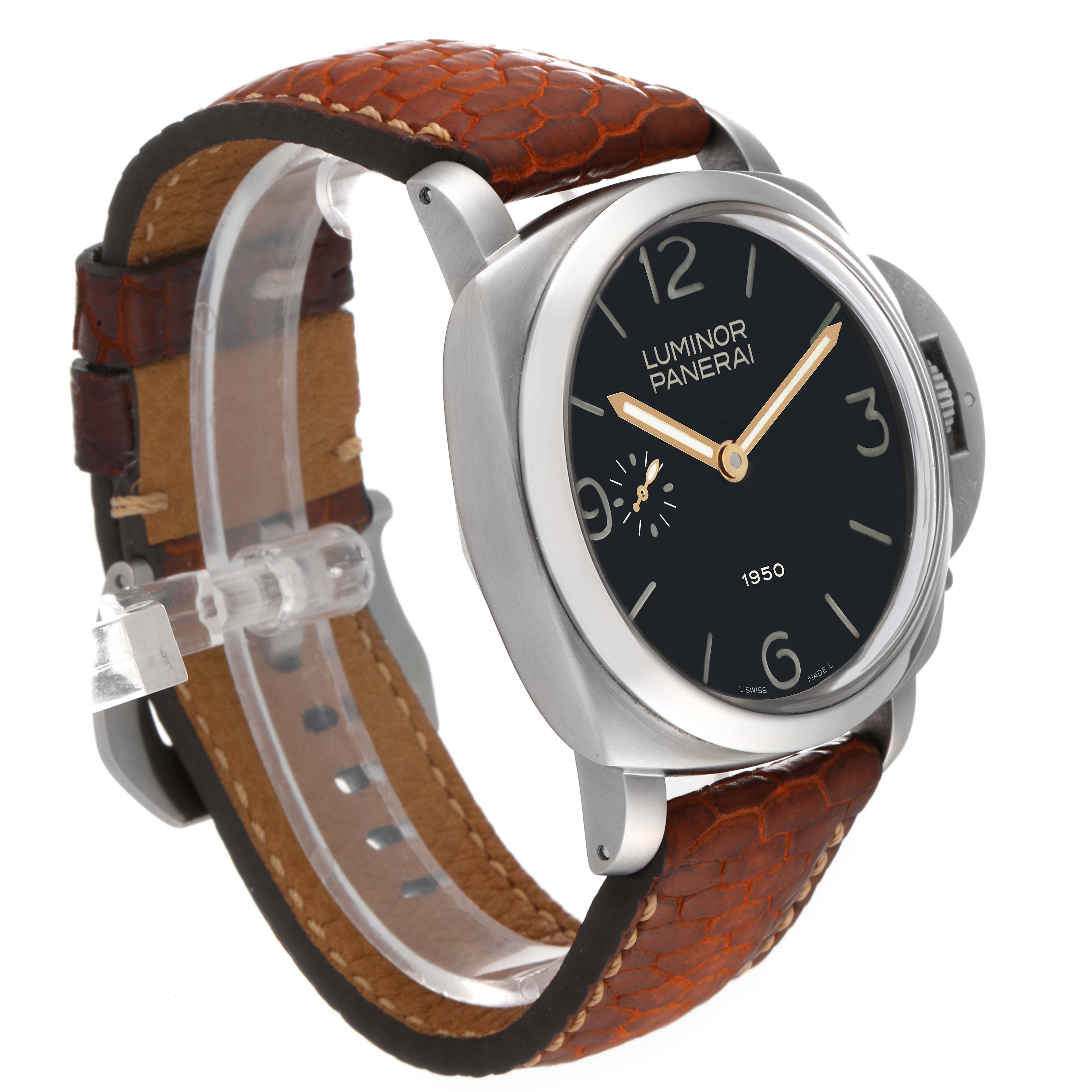 The image shows a side view of a Panerai Luminor PAM00127 Men
s Stainless Steel Black Dial PAM00127 Men
s Stainless Steel Black Dial watch featuring its dial, case, and leather strap.