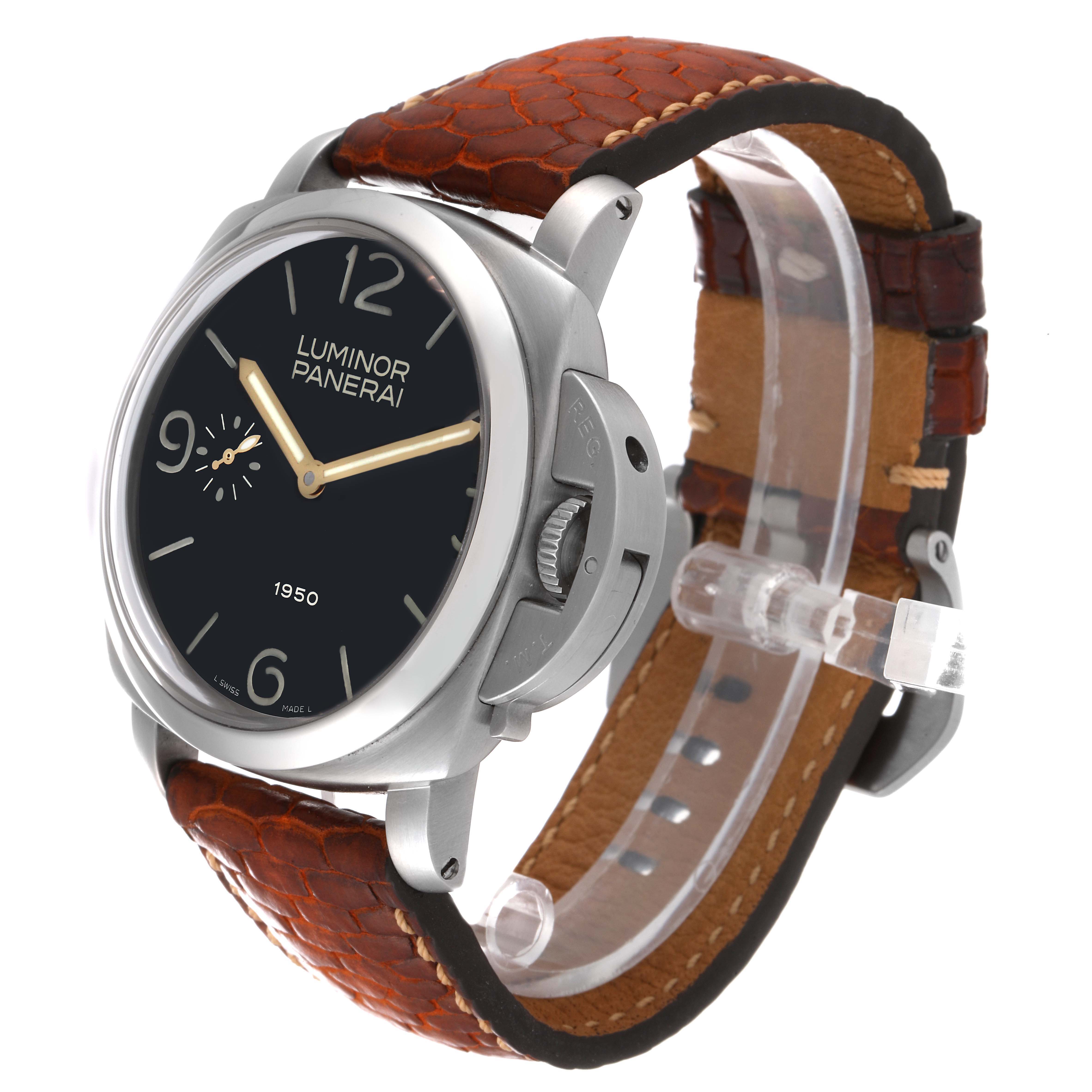 The Panerai Luminor PAM00127 Men
s Stainless Steel Black Dial PAM00127 Men
s Stainless Steel Black Dial model watch is shown at a three-quarter angle, highlighting its black dial, bronze hands, and leather strap.