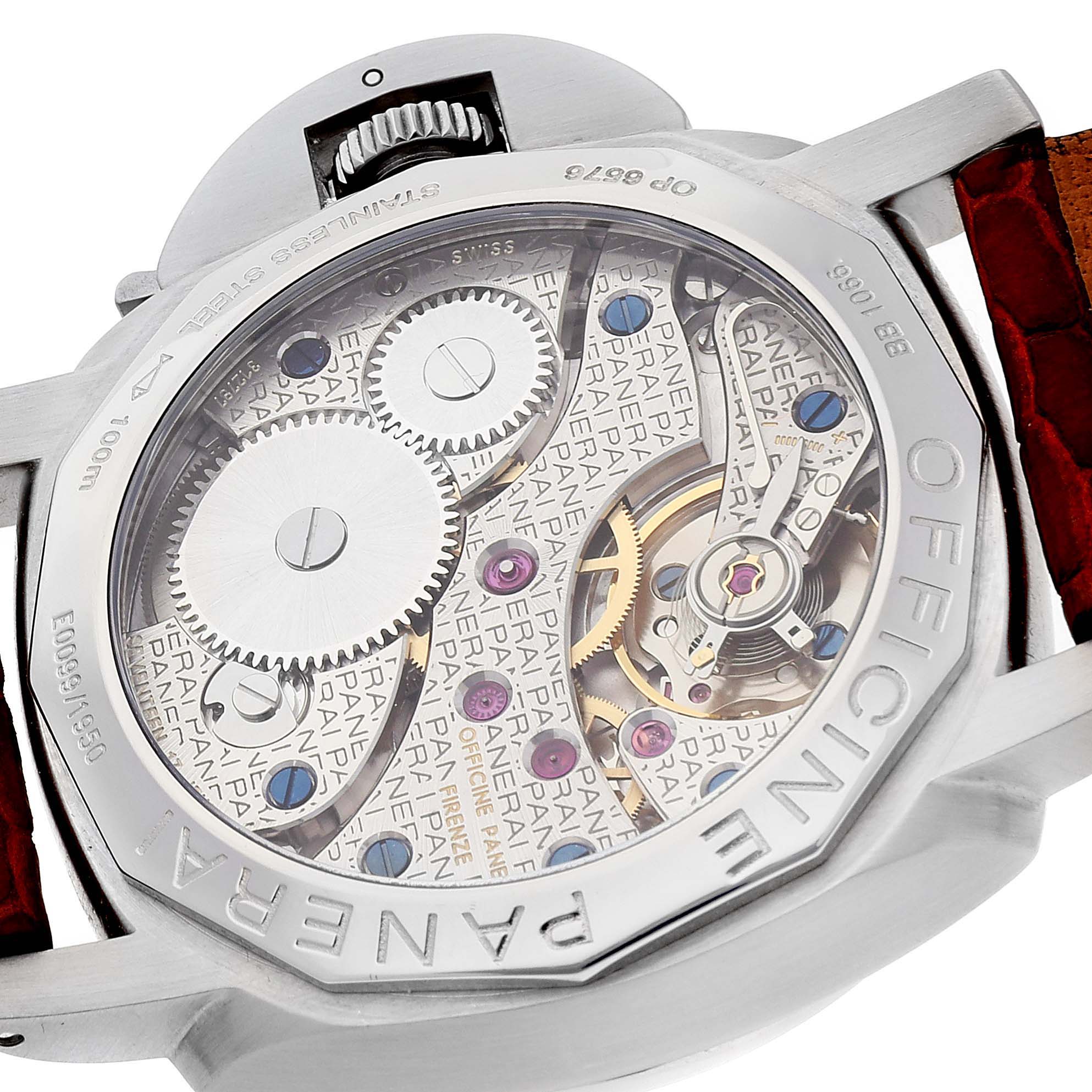 The image shows the back view of a Panerai Luminor PAM00127 Men
s Stainless Steel Black Dial PAM00127 Men
s Stainless Steel Black Dial watch, highlighting its intricate inner mechanical parts and engravings.