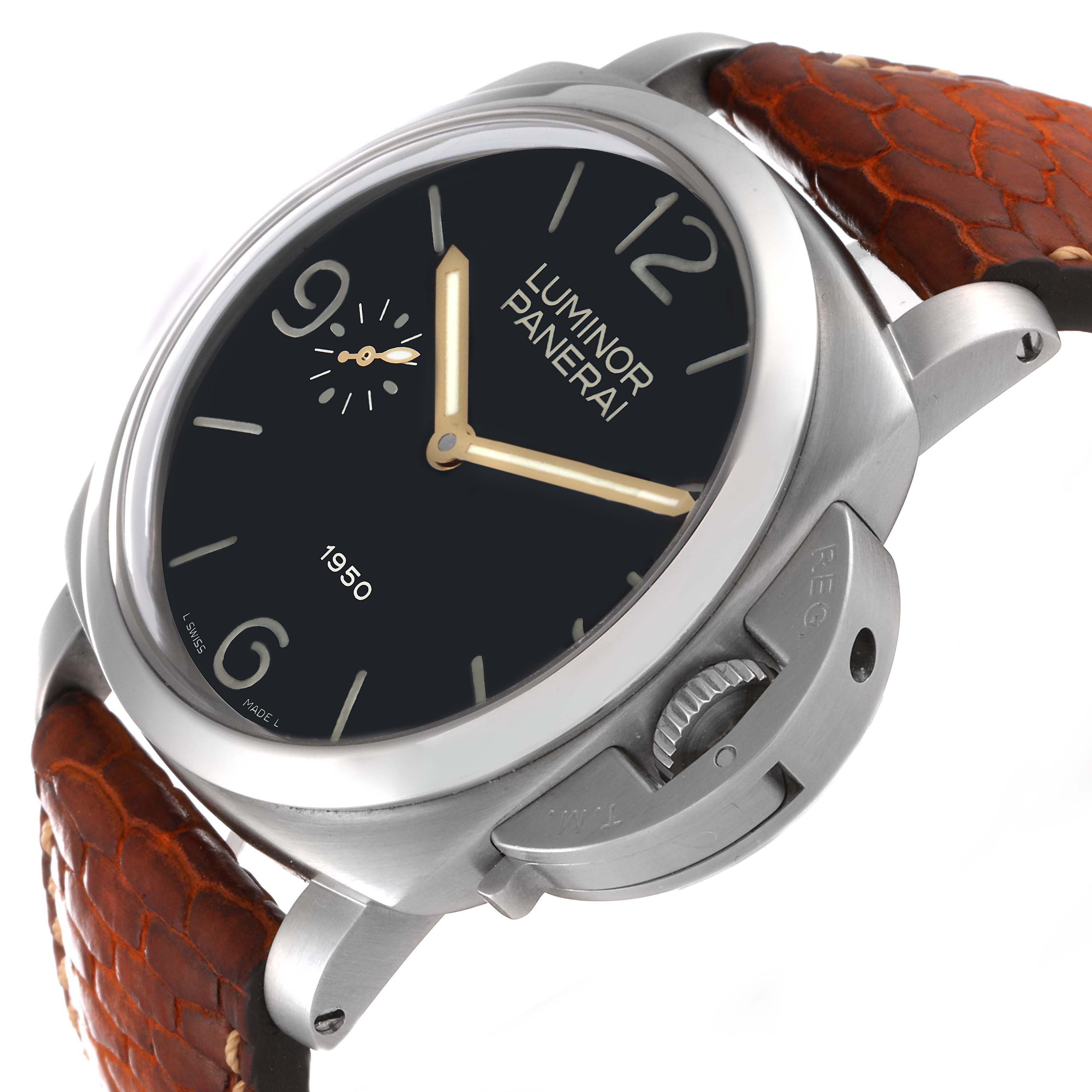 The image shows a side angle of the Panerai Luminor PAM00127 Men
s Stainless Steel Black Dial PAM00127 Men
s Stainless Steel Black Dial watch, highlighting the crown guard, dial, and part of the leather strap.