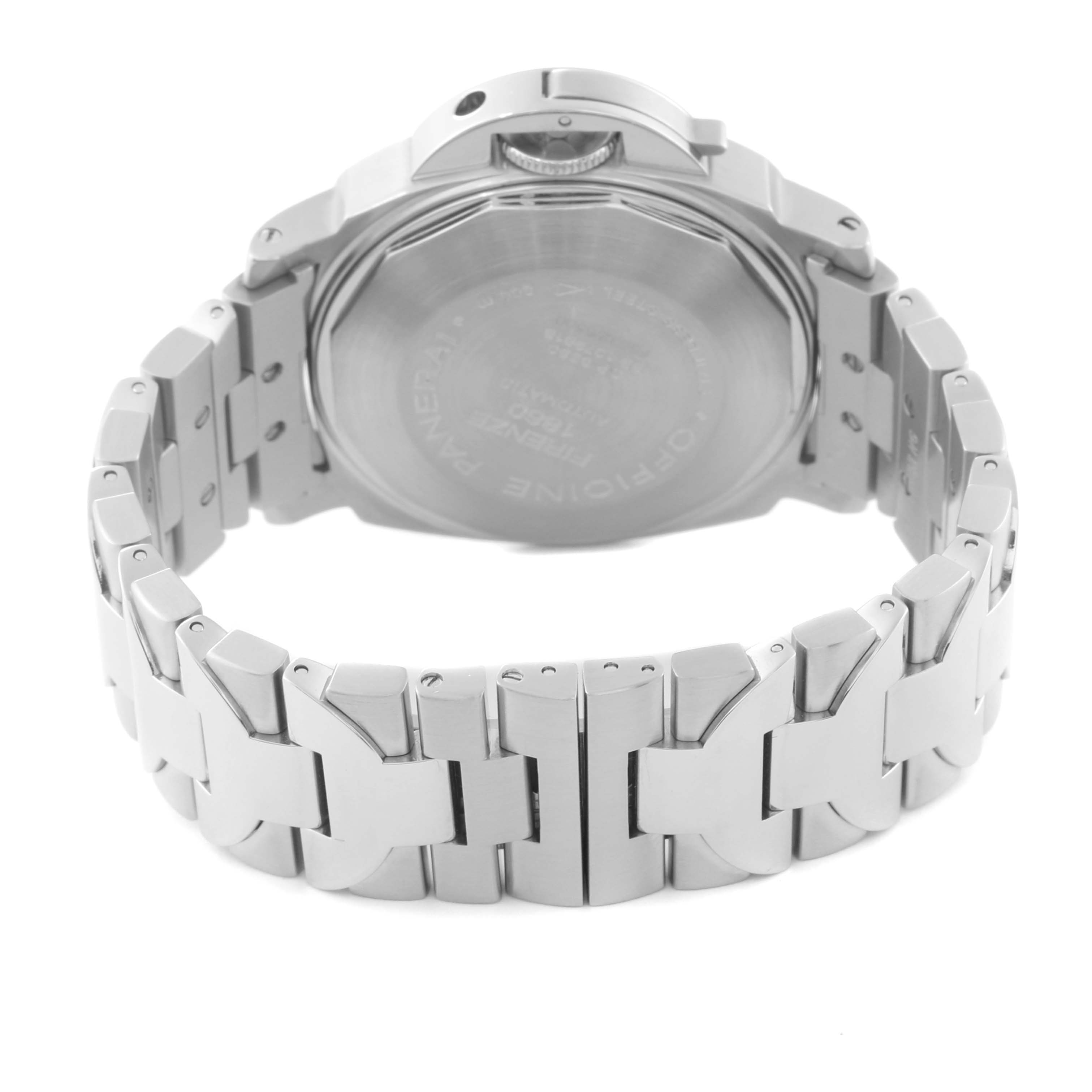 The image shows the back view of a Panerai Luminor PAM00051 Men
s Stainless Steel White Dial PAM00051 Men
s Stainless Steel White Dial watch, highlighting the case back and metal bracelet.