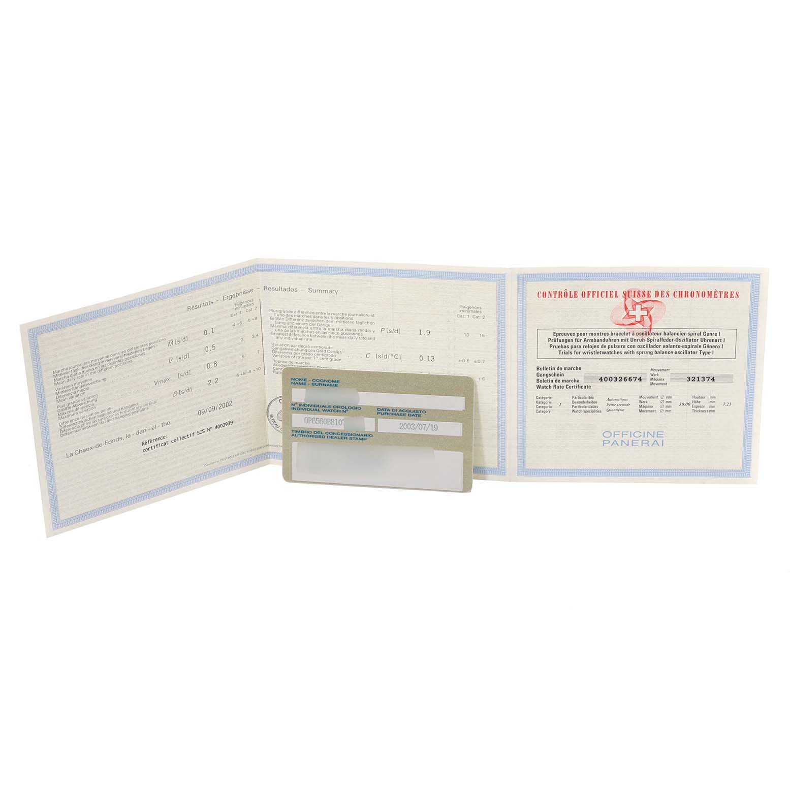 The image shows the warranty and certification papers for the Panerai Luminor PAM00051 Men
s Stainless Steel White Dial PAM00051 Men
s Stainless Steel White Dial watch.