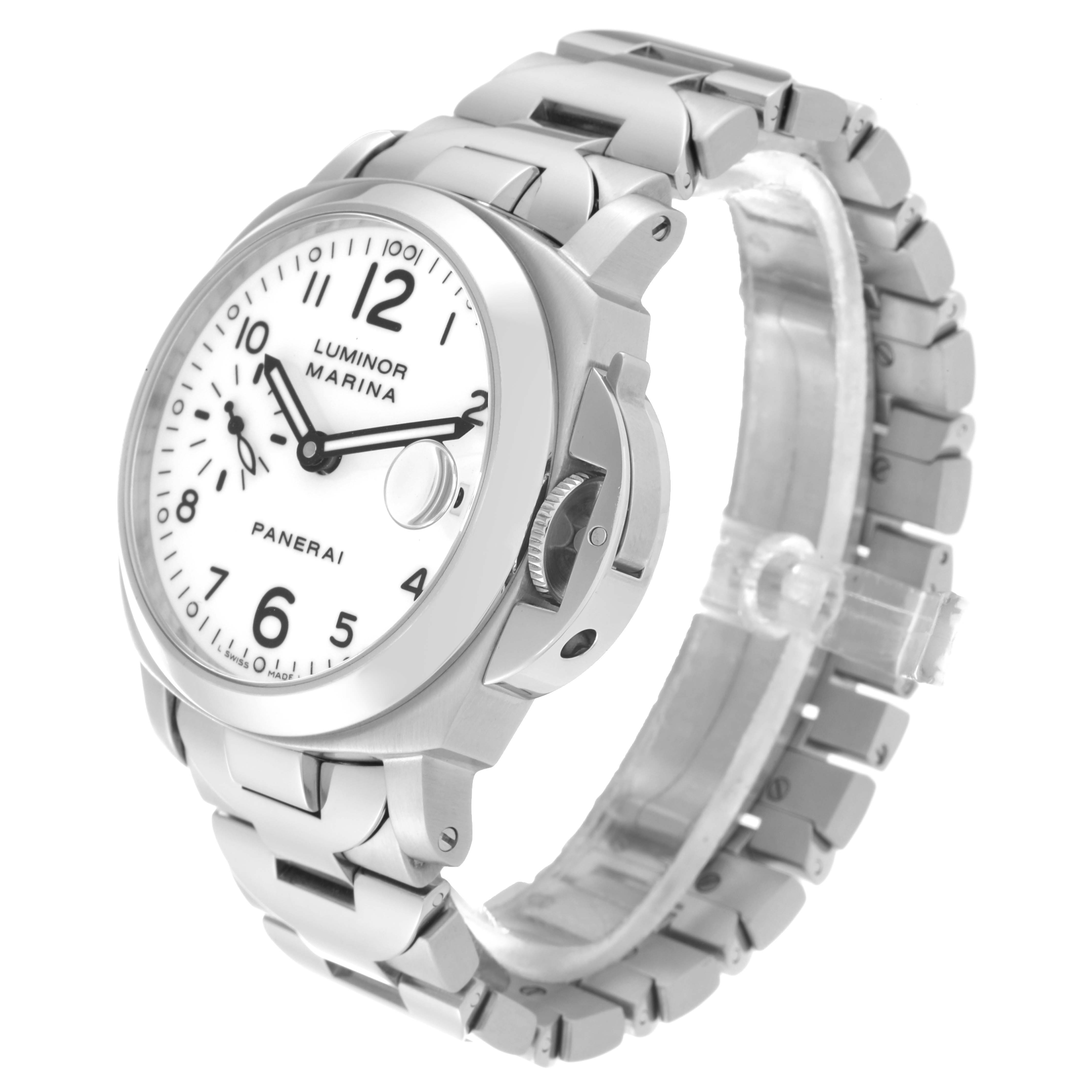 The image shows a Panerai Luminor PAM00051 Men
s Stainless Steel White Dial PAM00051 Men
s Stainless Steel White Dial model watch from a slight angle, highlighting its face, bracelet, and locking crown.