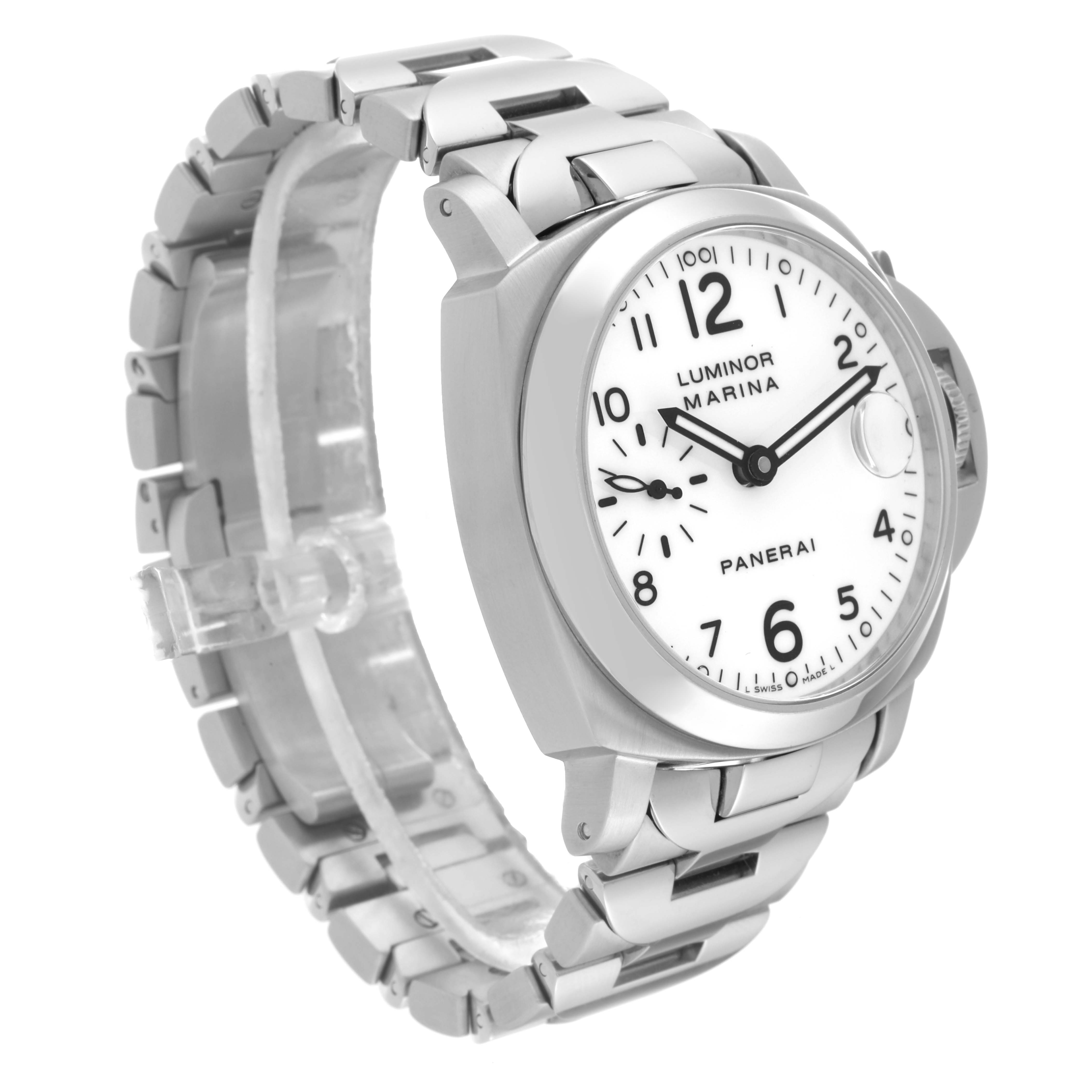 The Panerai Luminor PAM00051 Men
s Stainless Steel White Dial PAM00051 Men
s Stainless Steel White Dial watch is shown at an angled side view, highlighting its face, bezel, and metal bracelet.
