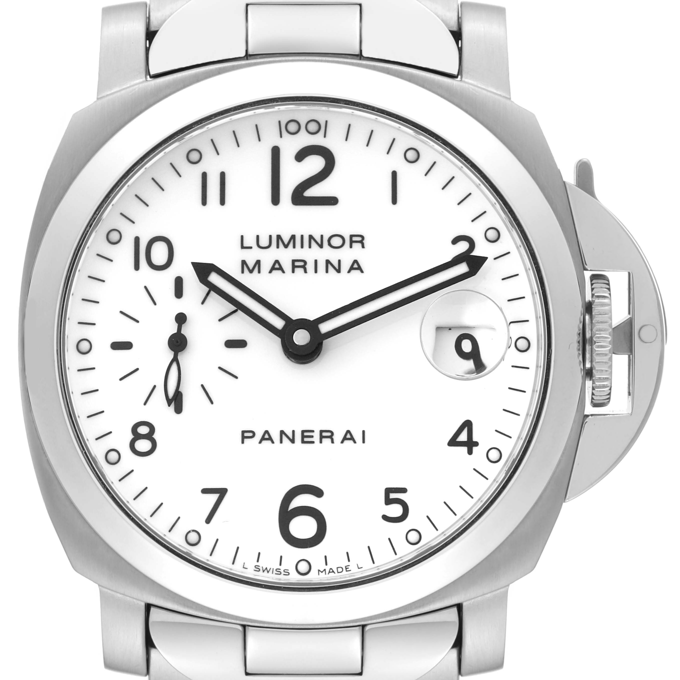 The image shows a front view of the Panerai Luminor PAM00051 Men
s Stainless Steel White Dial PAM00051 Men
s Stainless Steel White Dial Marina, displaying its white dial, date, and second sub-dial.