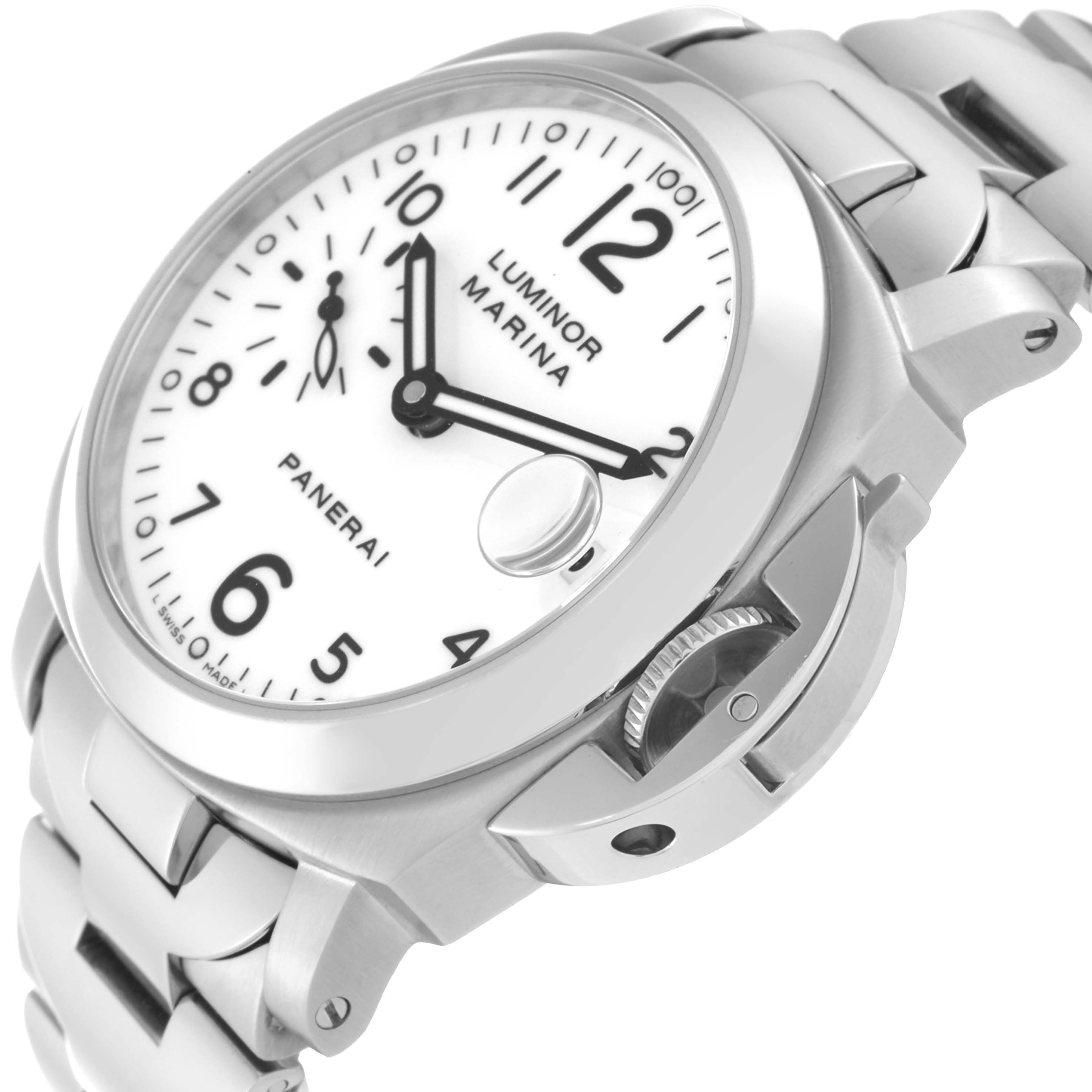This image shows a side and front angle of a Panerai Luminor PAM00051 Men
s Stainless Steel White Dial PAM00051 Men
s Stainless Steel White Dial watch, highlighting its white dial, crown guard, and metal bracelet.