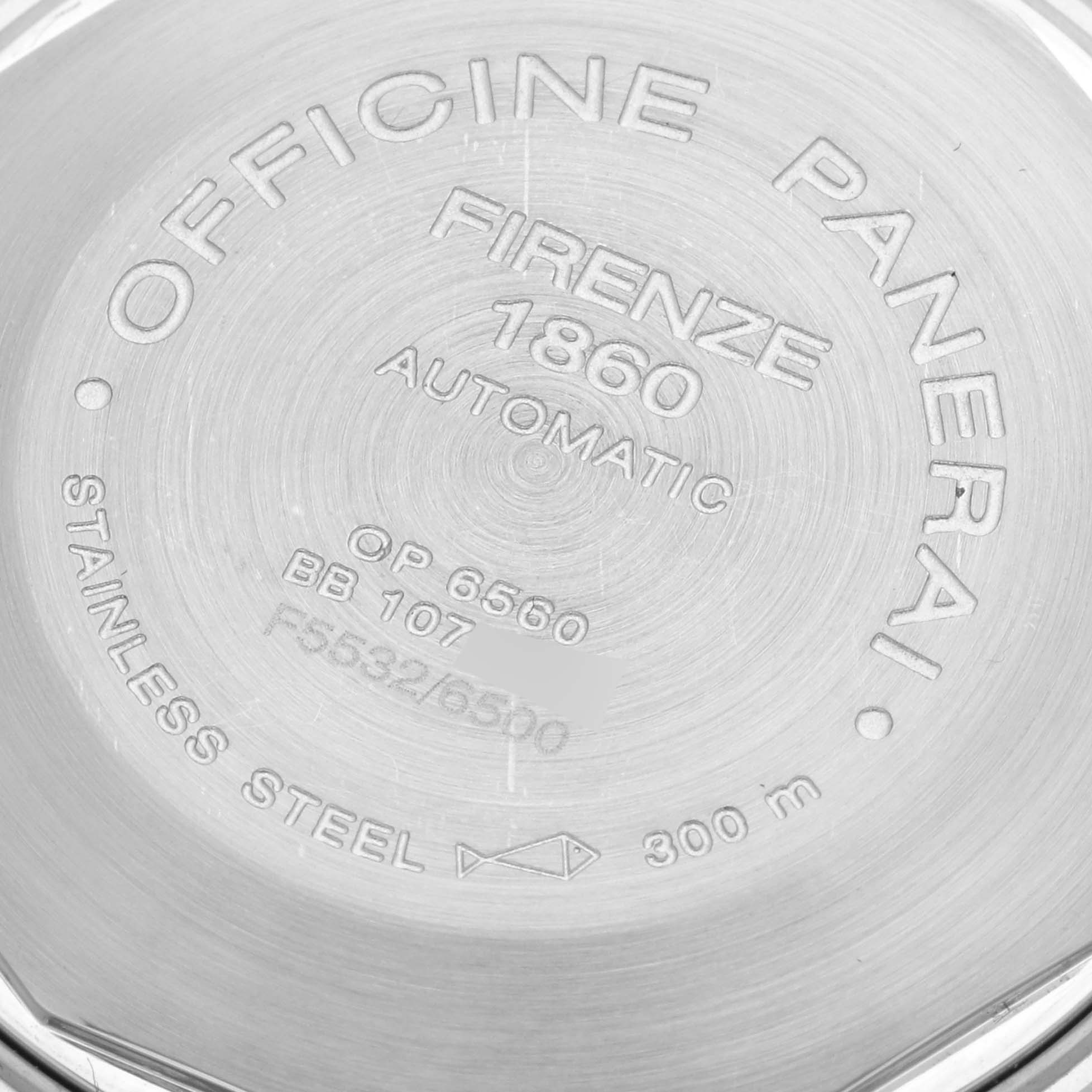 The image shows the stainless steel case back of a Panerai Luminor PAM00051 Men
s Stainless Steel White Dial PAM00051 Men
s Stainless Steel White Dial watch, featuring engraved details.