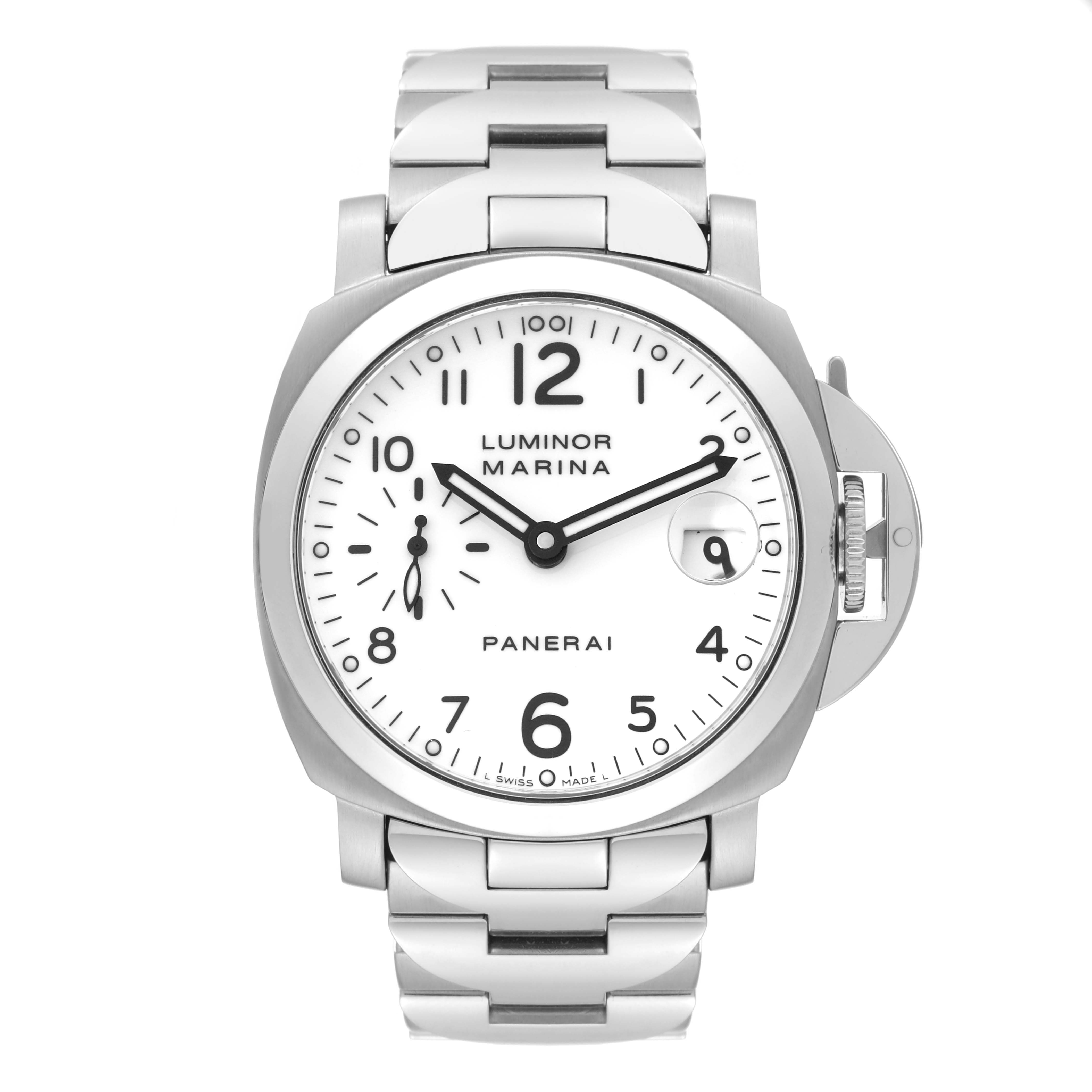 The image shows a front view of the Panerai Luminor PAM00051 Men
s Stainless Steel White Dial PAM00051 Men
s Stainless Steel White Dial Marina watch, featuring a white dial and stainless-steel bracelet.