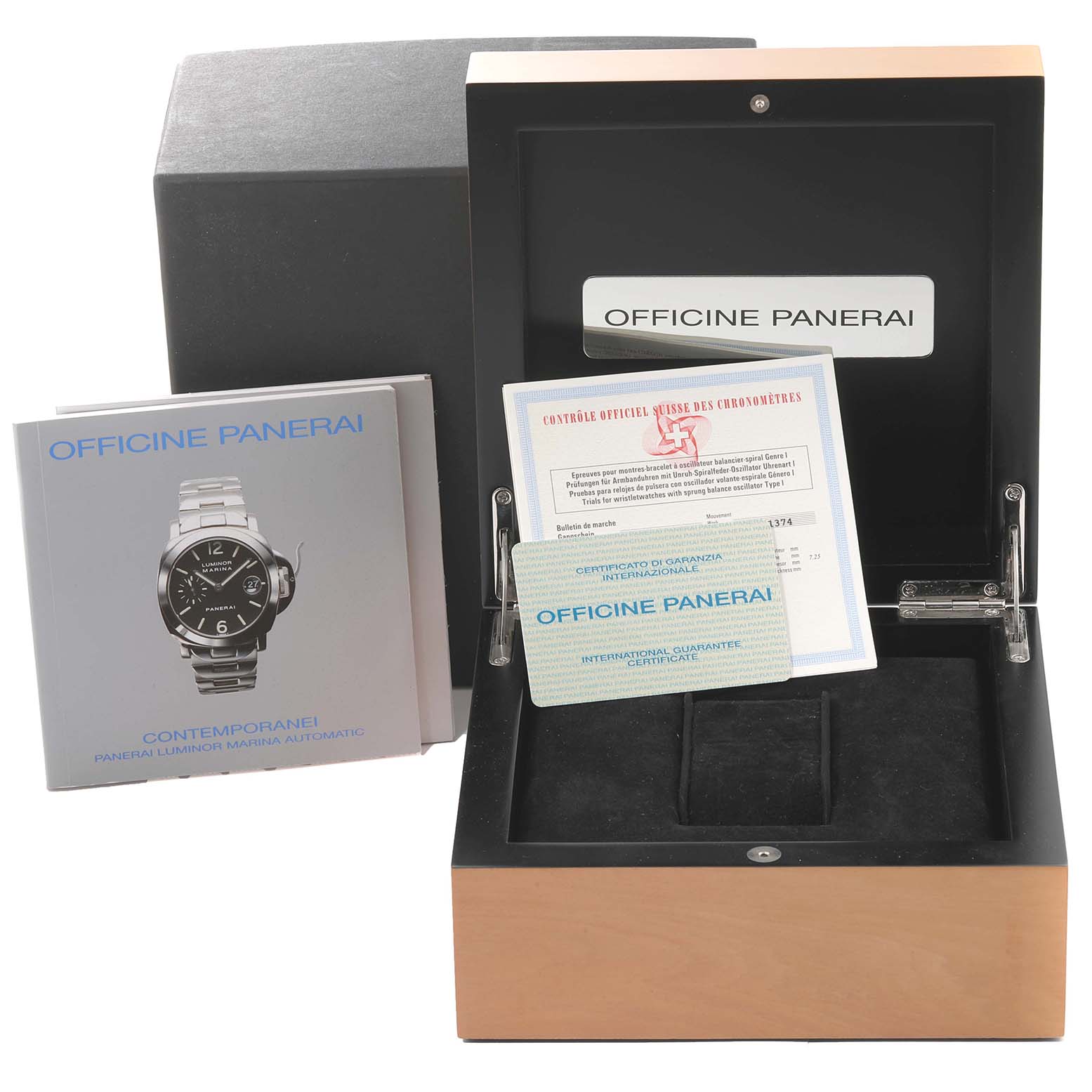 The image shows a Panerai Luminor PAM00051 Men
s Stainless Steel White Dial PAM00051 Men
s Stainless Steel White Dial watch presentation box, warranty cards, and manuals.
