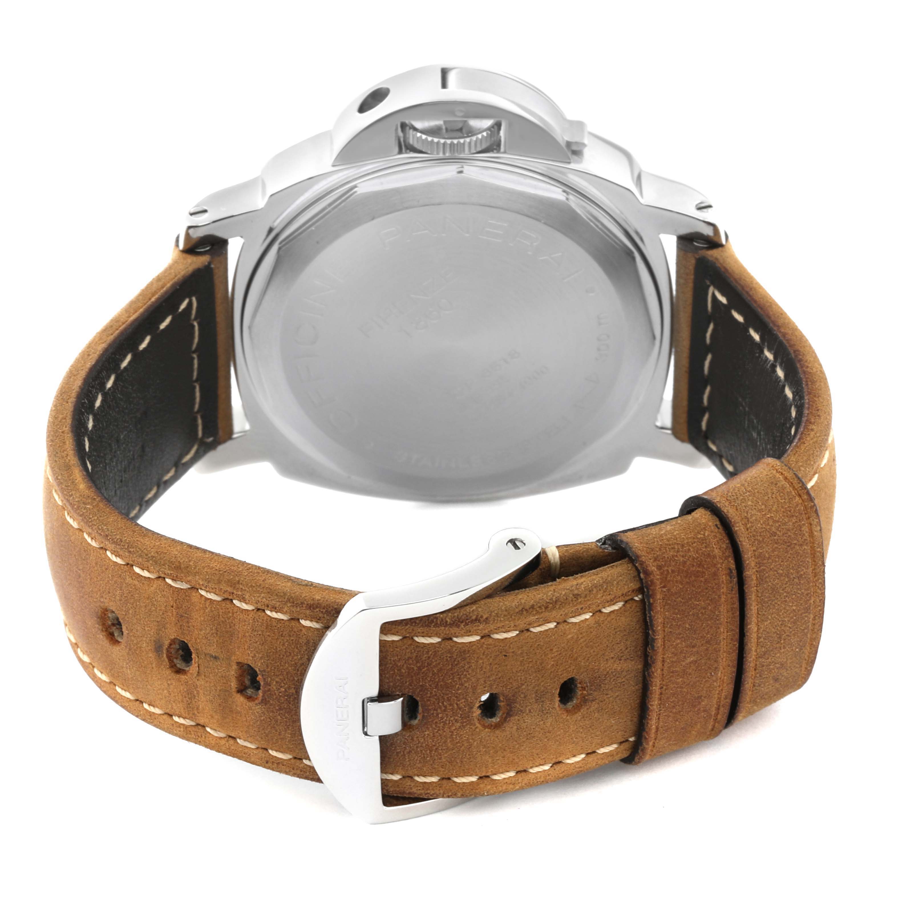 The image shows the back of a Panerai Luminor PAM00001 Men's Stainless Steel Black Dial PAM00001 Men's Stainless Steel Black Dial watch, highlighting its casing, strap, and buckle.