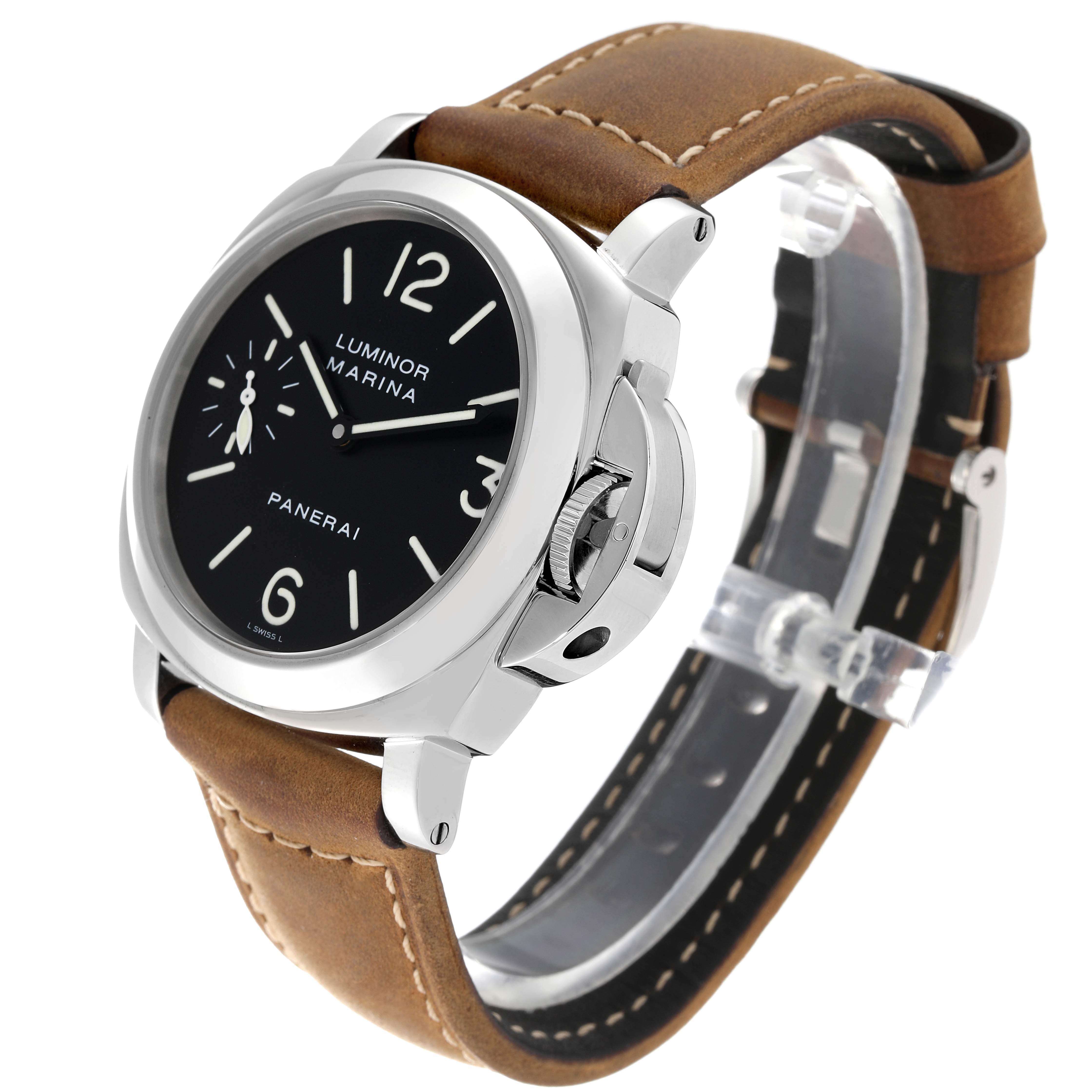 The image shows a Panerai Luminor PAM00001 Men's Stainless Steel Black Dial PAM00001 Men's Stainless Steel Black Dial watch at a three-quarter angle, highlighting the dial, case, crown guard, and leather strap.