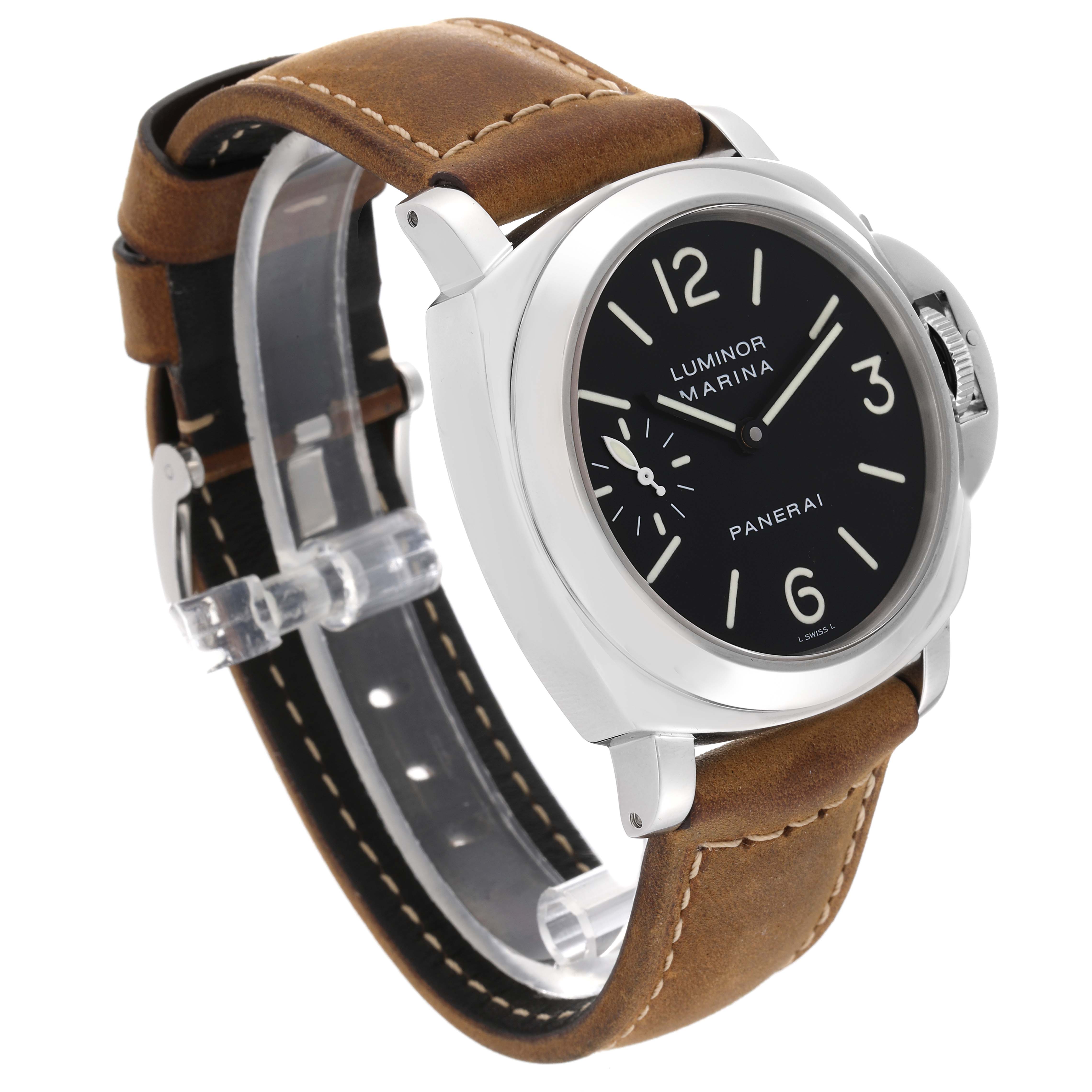 This is a Panerai Luminor PAM00001 Men's Stainless Steel Black Dial PAM00001 Men's Stainless Steel Black Dial Marina watch shown at a three-quarter angle, displaying the face, case, and leather strap.