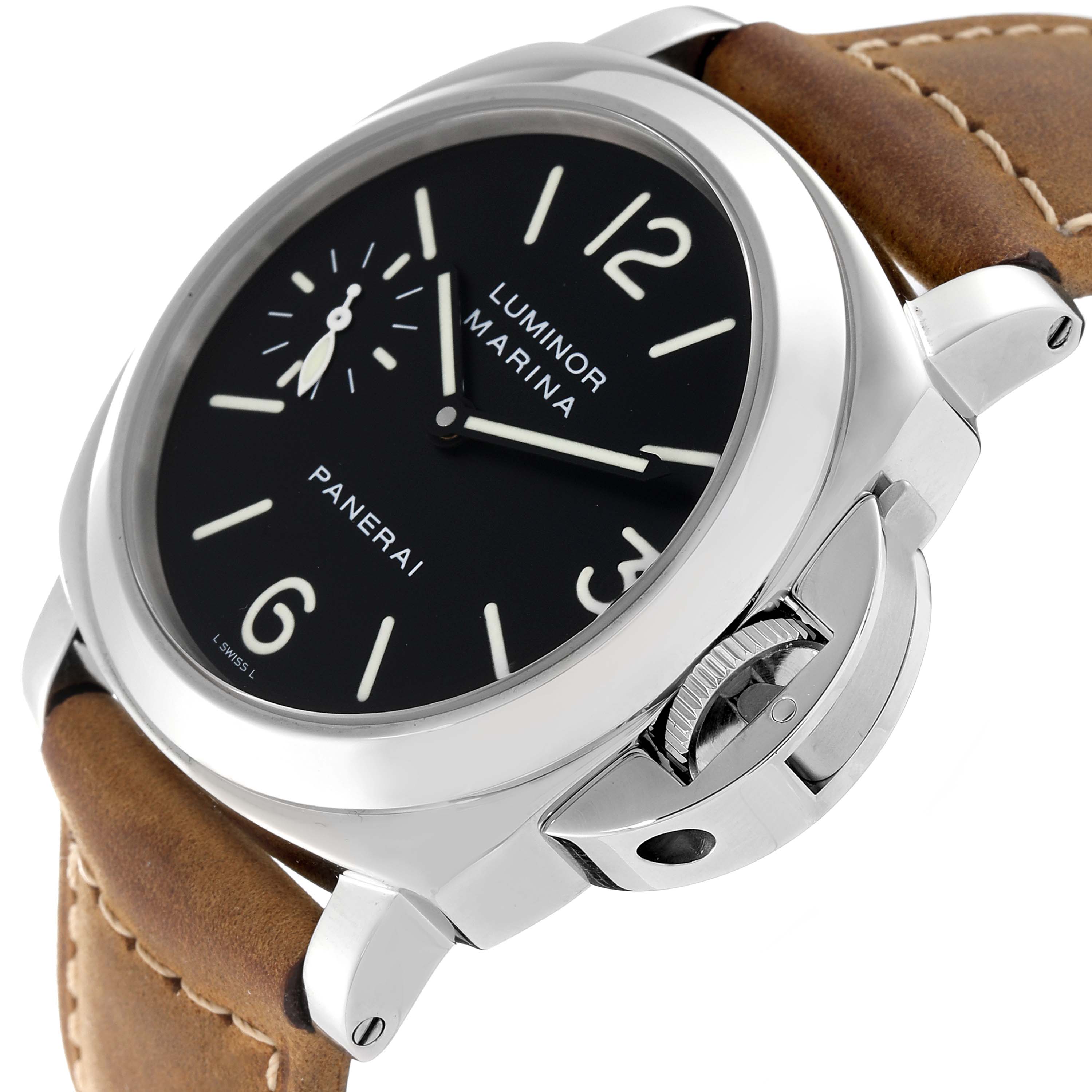The image shows a Panerai Luminor PAM00001 Men's Stainless Steel Black Dial PAM00001 Men's Stainless Steel Black Dial Marina watch at an angle, highlighting the case, dial, crown guard, and leather strap.