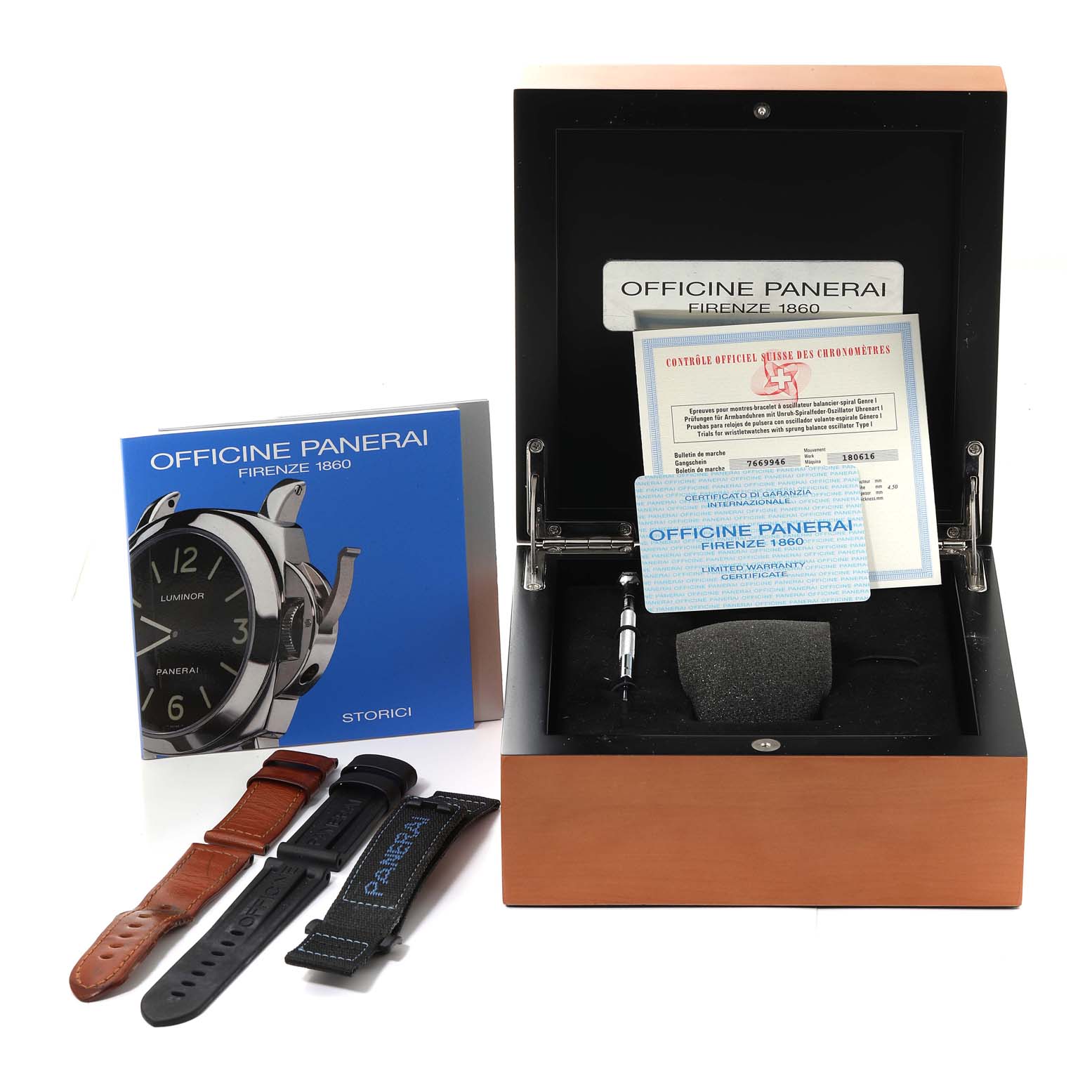 The image shows a Panerai Luminor PAM00001 Men's Stainless Steel Black Dial PAM00001 Men's Stainless Steel Black Dial watch box with extra straps, warranty cards, and a booklet, all displayed from a front angle.