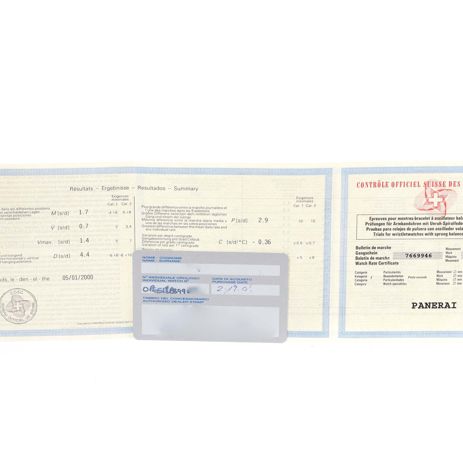 The image shows the warranty and certification papers for a Panerai Luminor PAM00001 Men's Stainless Steel Black Dial PAM00001 Men's Stainless Steel Black Dial watch, with some details filled in.