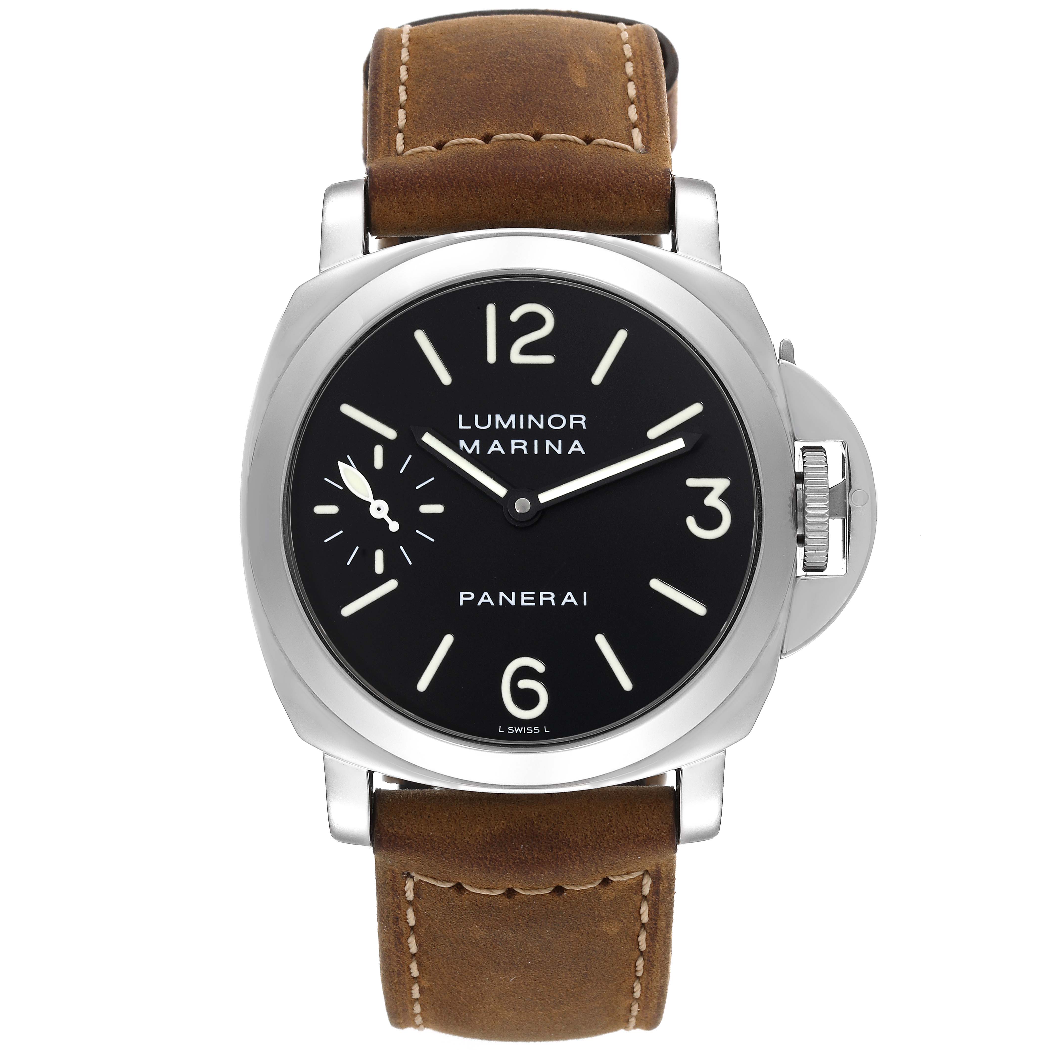 The image shows a front view of a Panerai Luminor PAM00001 Men's Stainless Steel Black Dial PAM00001 Men's Stainless Steel Black Dial model watch with a brown leather strap and black dial.