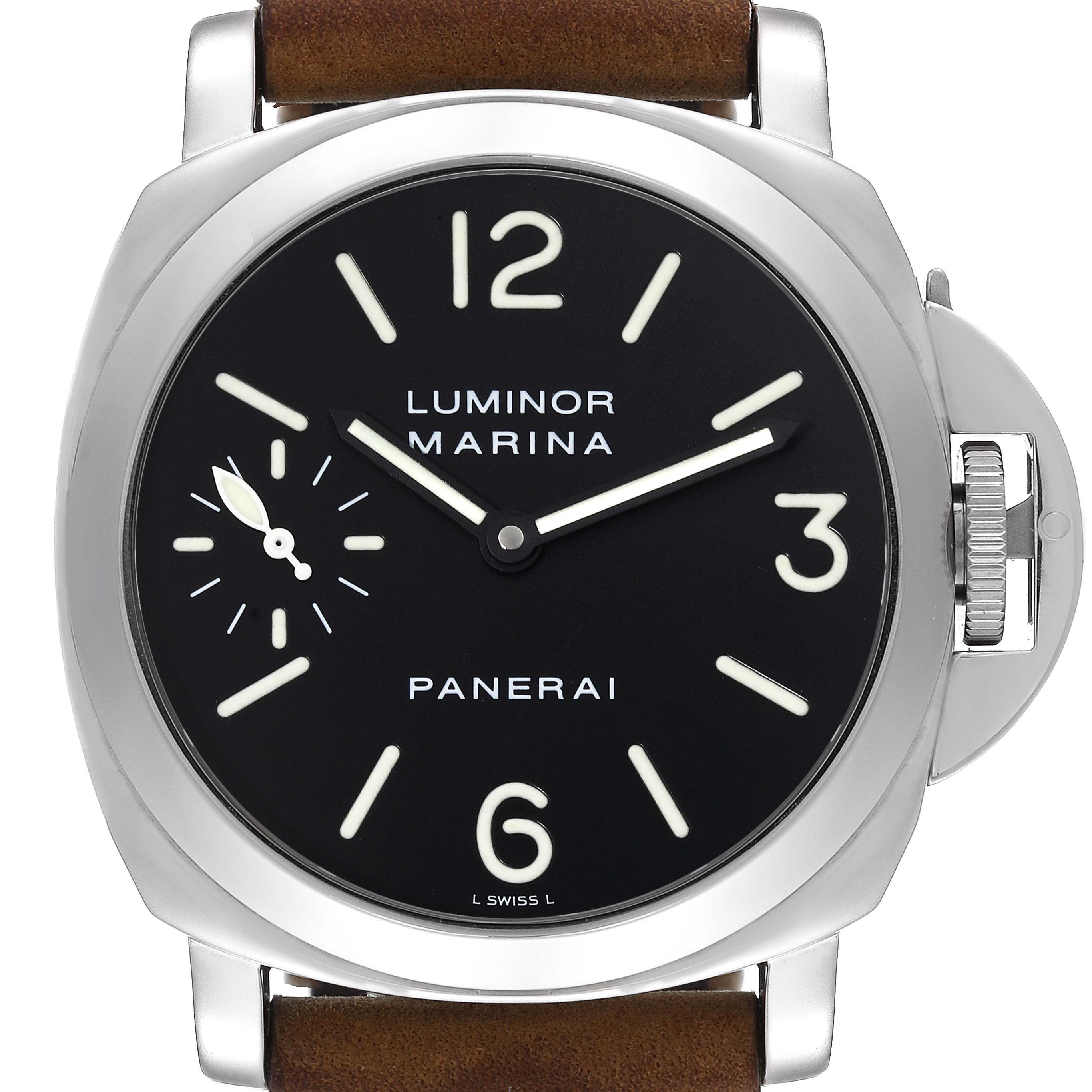 This image shows a front view of the Panerai Luminor PAM00001 Men's Stainless Steel Black Dial PAM00001 Men's Stainless Steel Black Dial watch, highlighting the dial, case, and part of the brown leather strap.