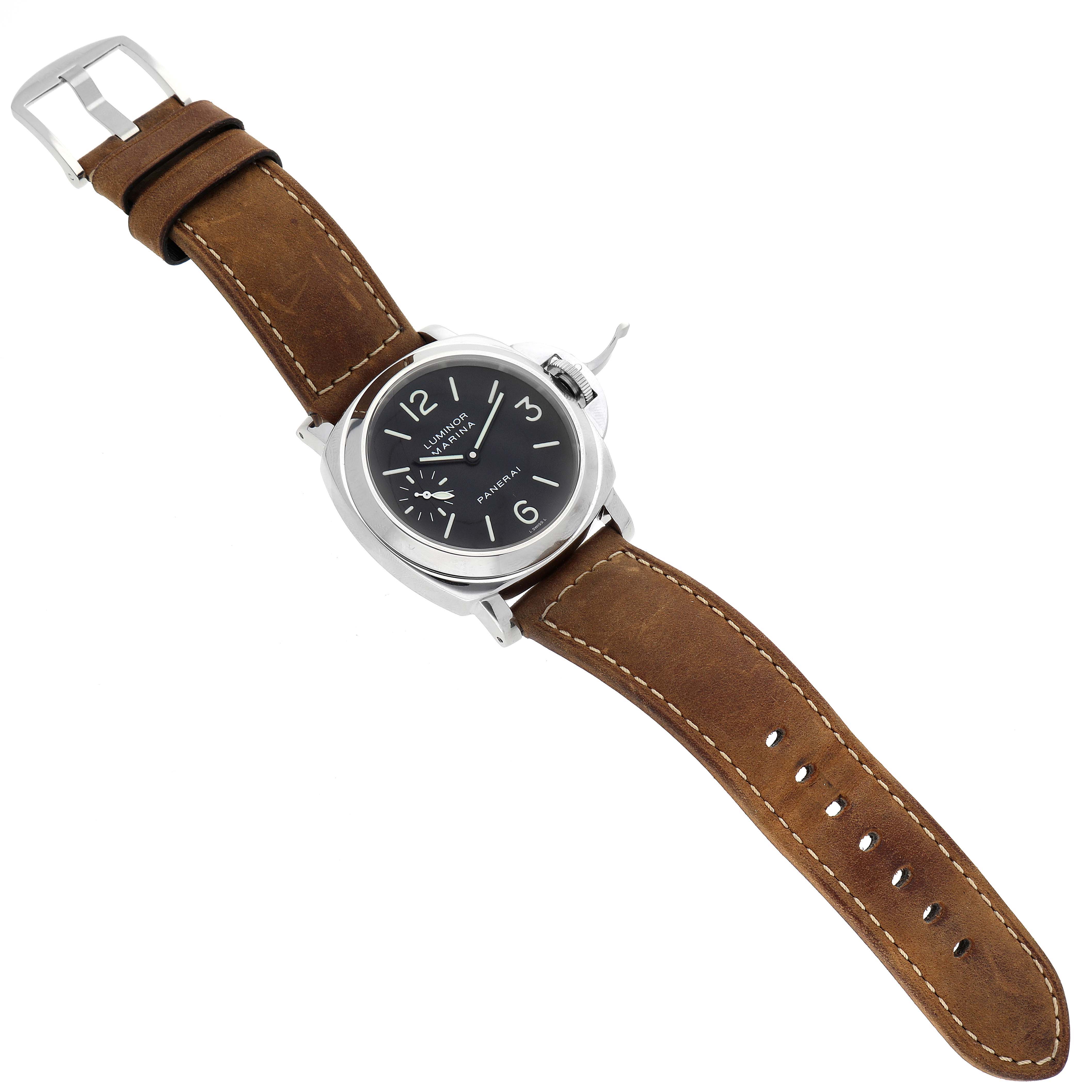 The Panerai Luminor PAM00001 Men's Stainless Steel Black Dial PAM00001 Men's Stainless Steel Black Dial watch is shown at a slight angle, displaying its brown leather strap, buckle, and black dial with silver casing.