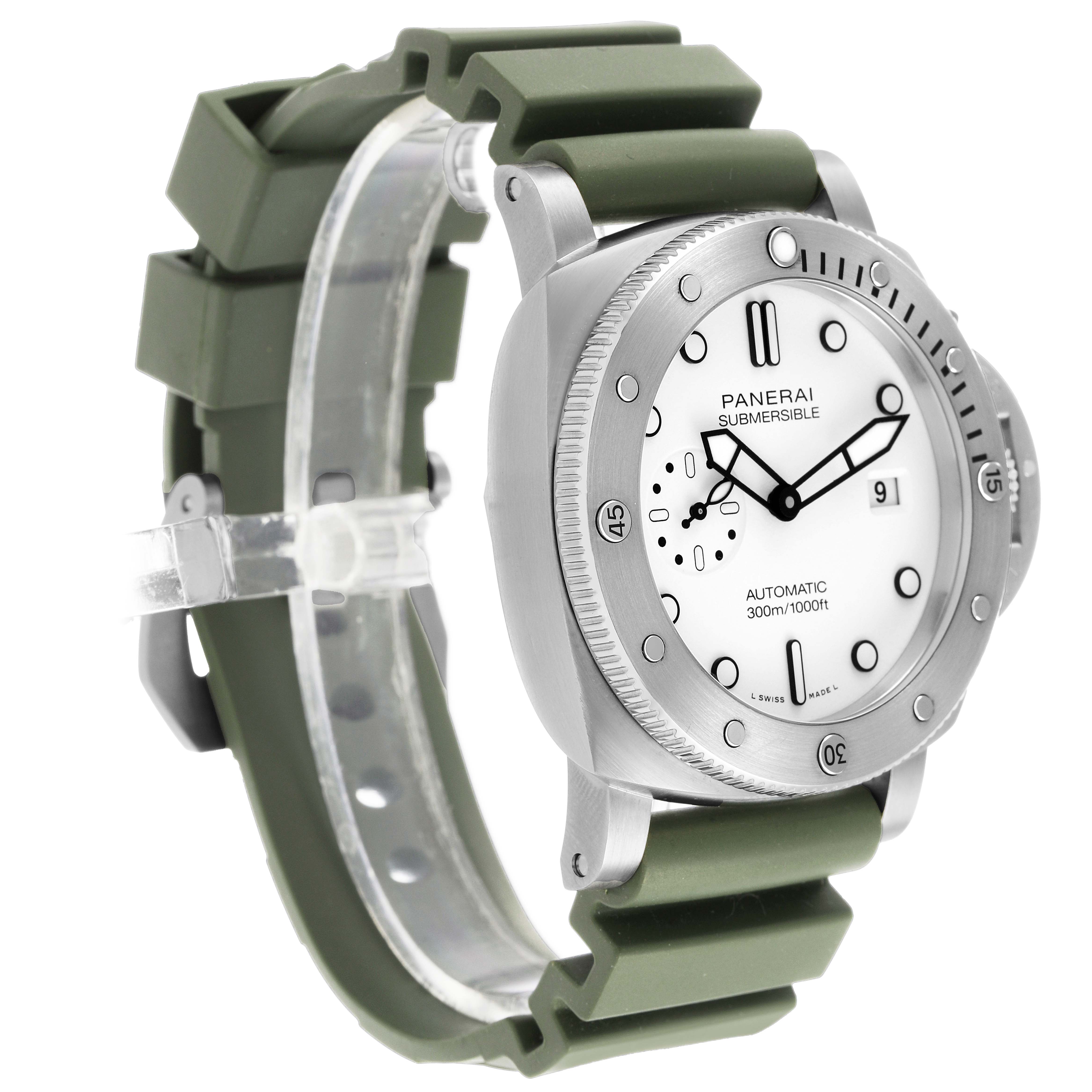 The Panerai Submersible PAM01226 Men's Stainless Steel White Dial watch is shown at a three-quarter angle, highlighting the bezel, dial, and green strap.