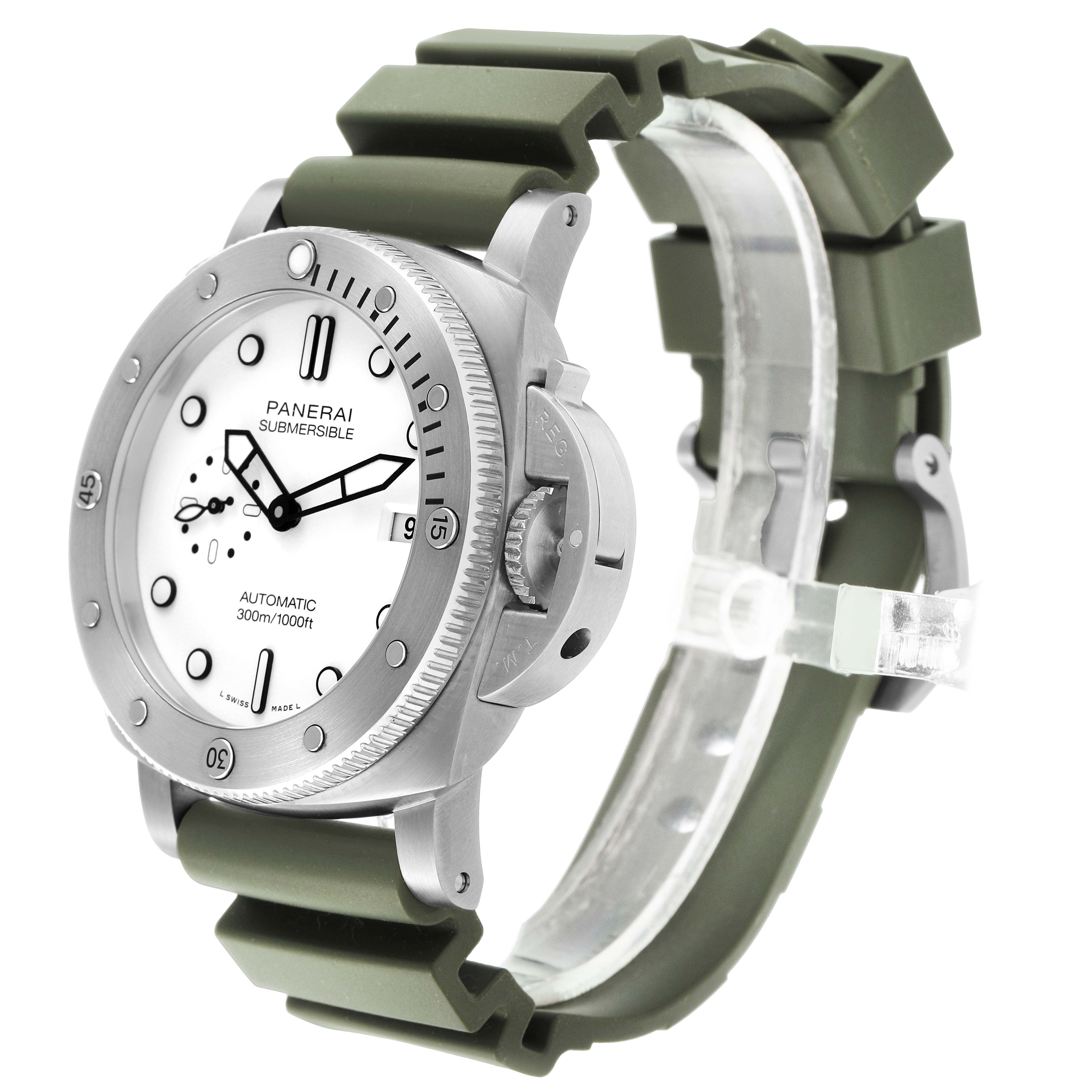 The Panerai Submersible PAM01226 Men's Stainless Steel White Dial is shown at a 3/4 angle, highlighting the dial, bezel, case, and green strap.
