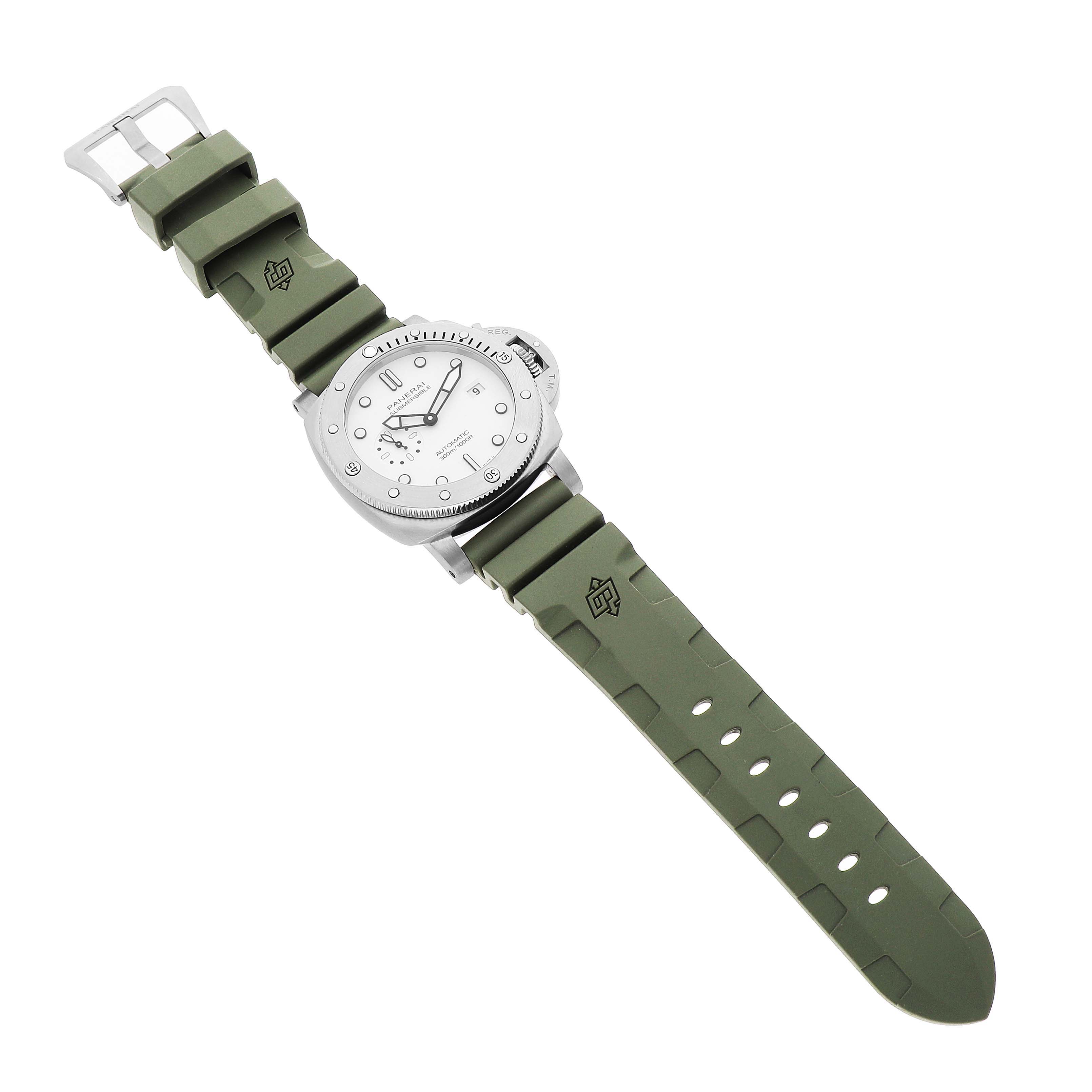 The Panerai Submersible PAM01226 Men's Stainless Steel White Dial watch is shown from above, featuring the dial, case, and green rubber strap.