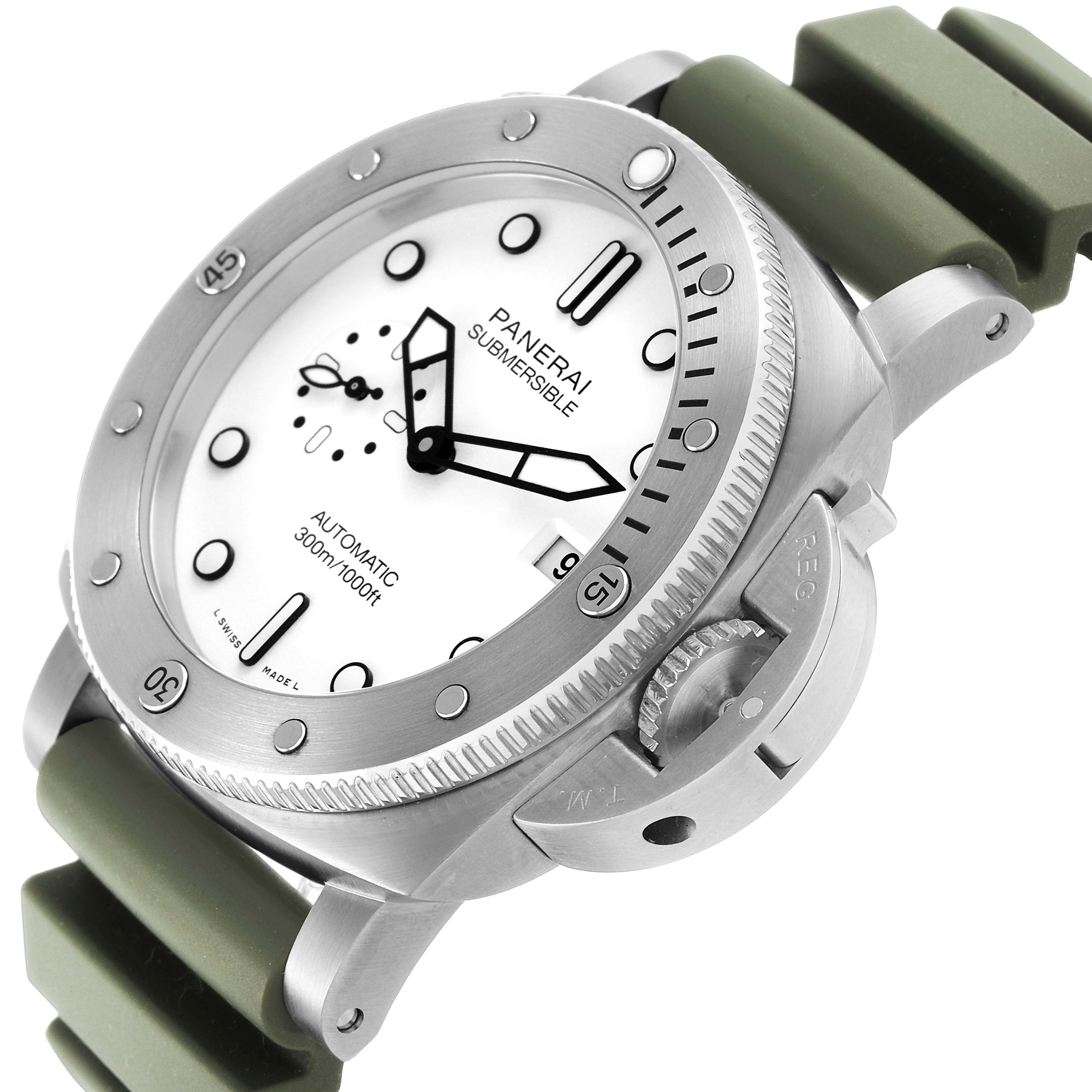 The Panerai Submersible PAM01226 Men's Stainless Steel White Dial watch is shown from a three-quarter angled view, highlighting the dial, bezel, crown protector, and olive-green strap.