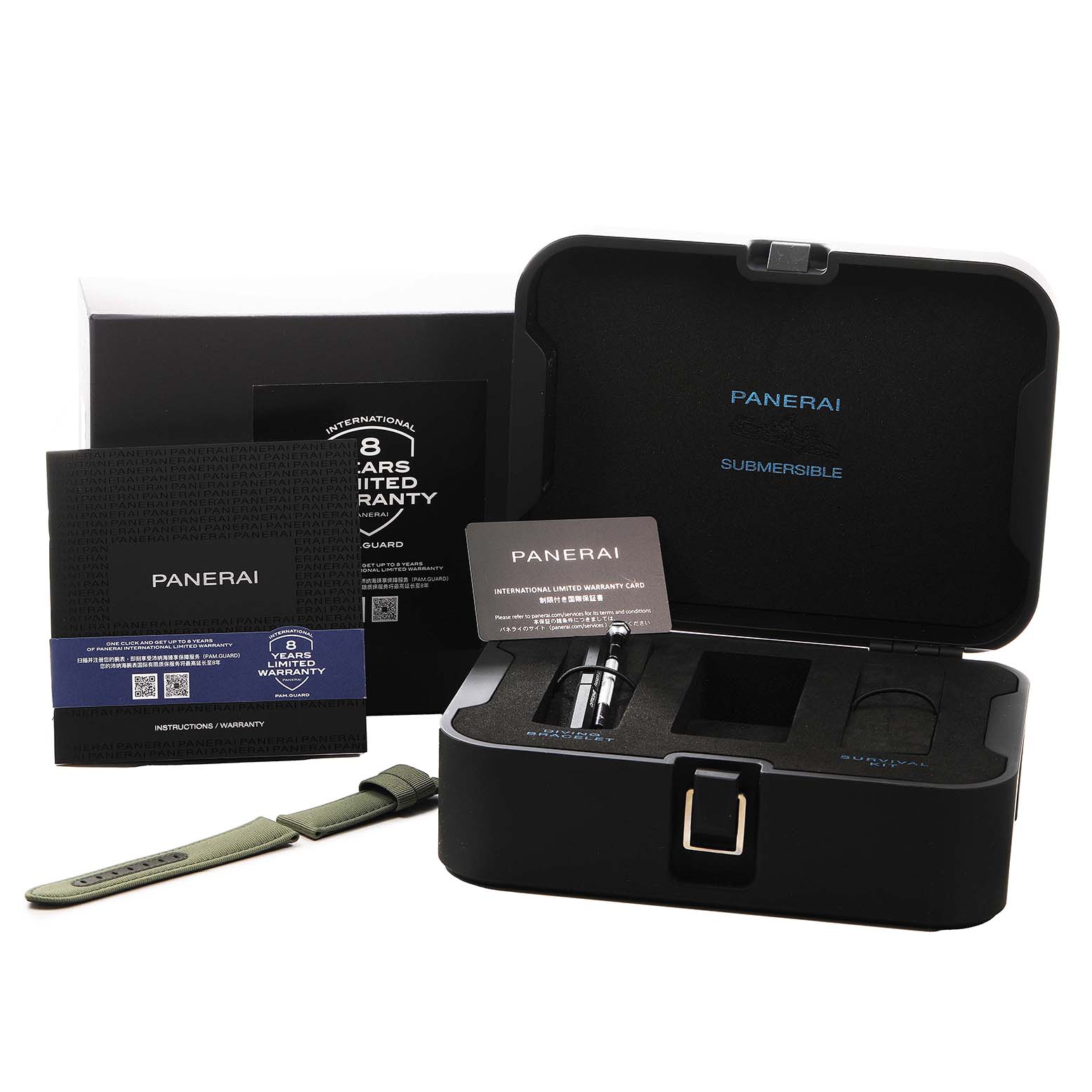 The image shows the Panerai Submersible PAM01226 Men's Stainless Steel White Dial watch box, strap, tool, and warranty cards from a front angle.