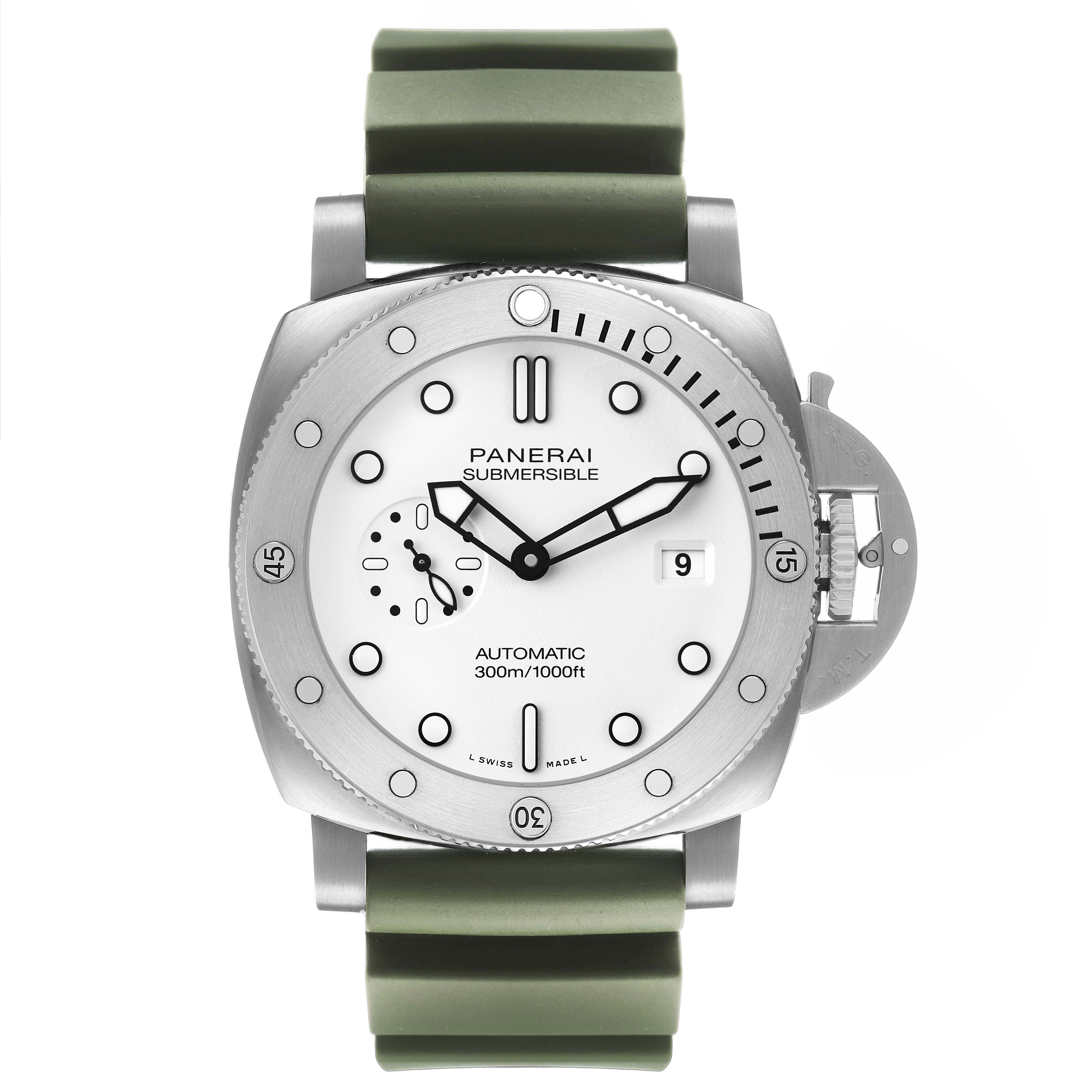 The Panerai Submersible PAM01226 Men's Stainless Steel White Dial watch is shown from a front angle, highlighting the dial, bezel, and olive green strap.