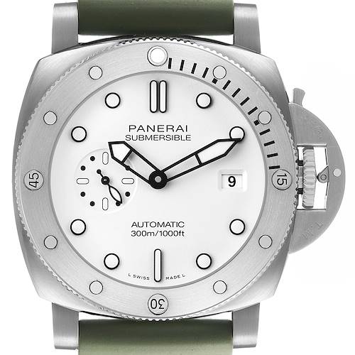 The image shows a front view of the Panerai Submersible PAM01226 Men's Stainless Steel White Dial watch, highlighting its bezel, dial, and crown guard.