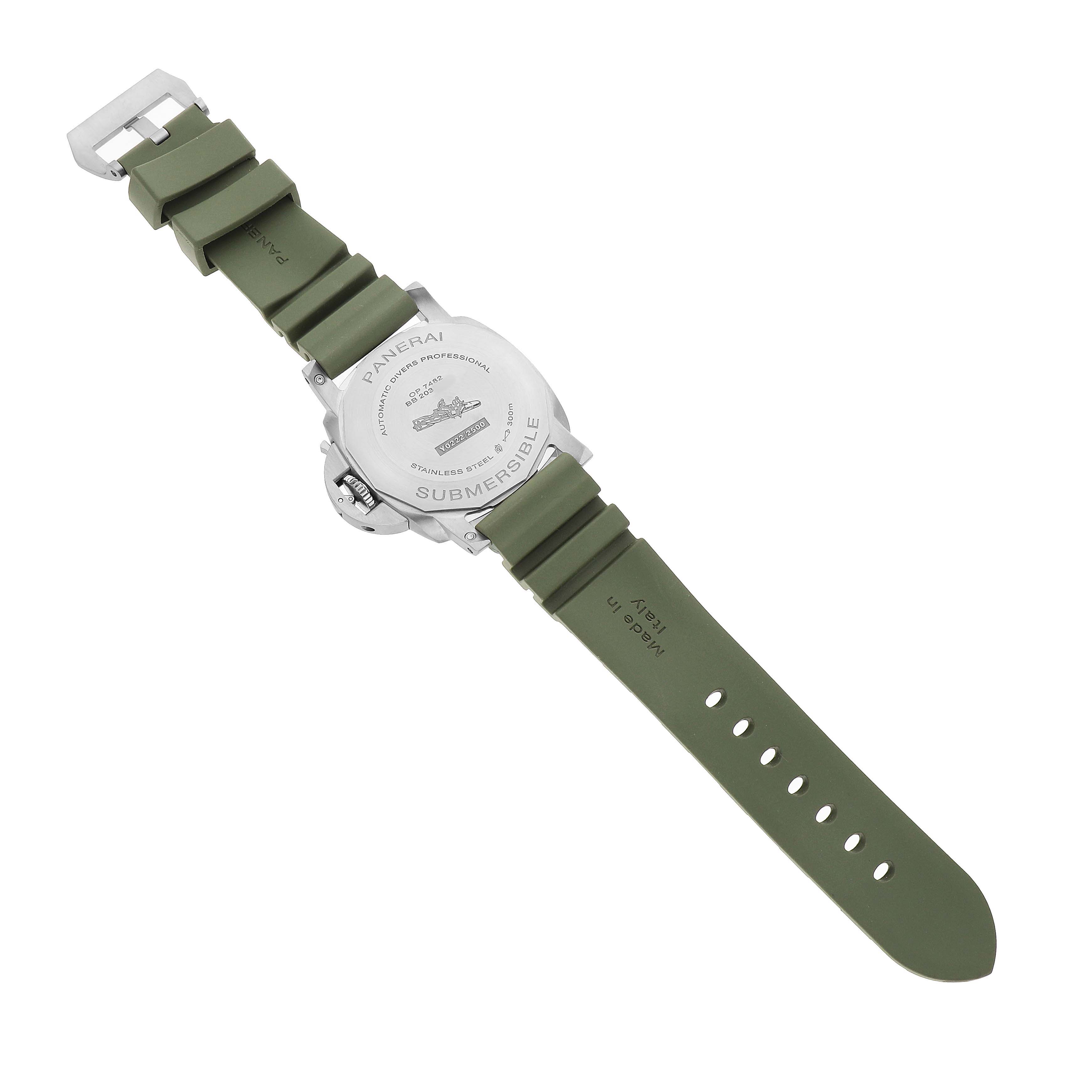 The image shows the back of a Panerai Submersible PAM01226 Men's Stainless Steel White Dial watch, highlighting the case back and olive green straps.