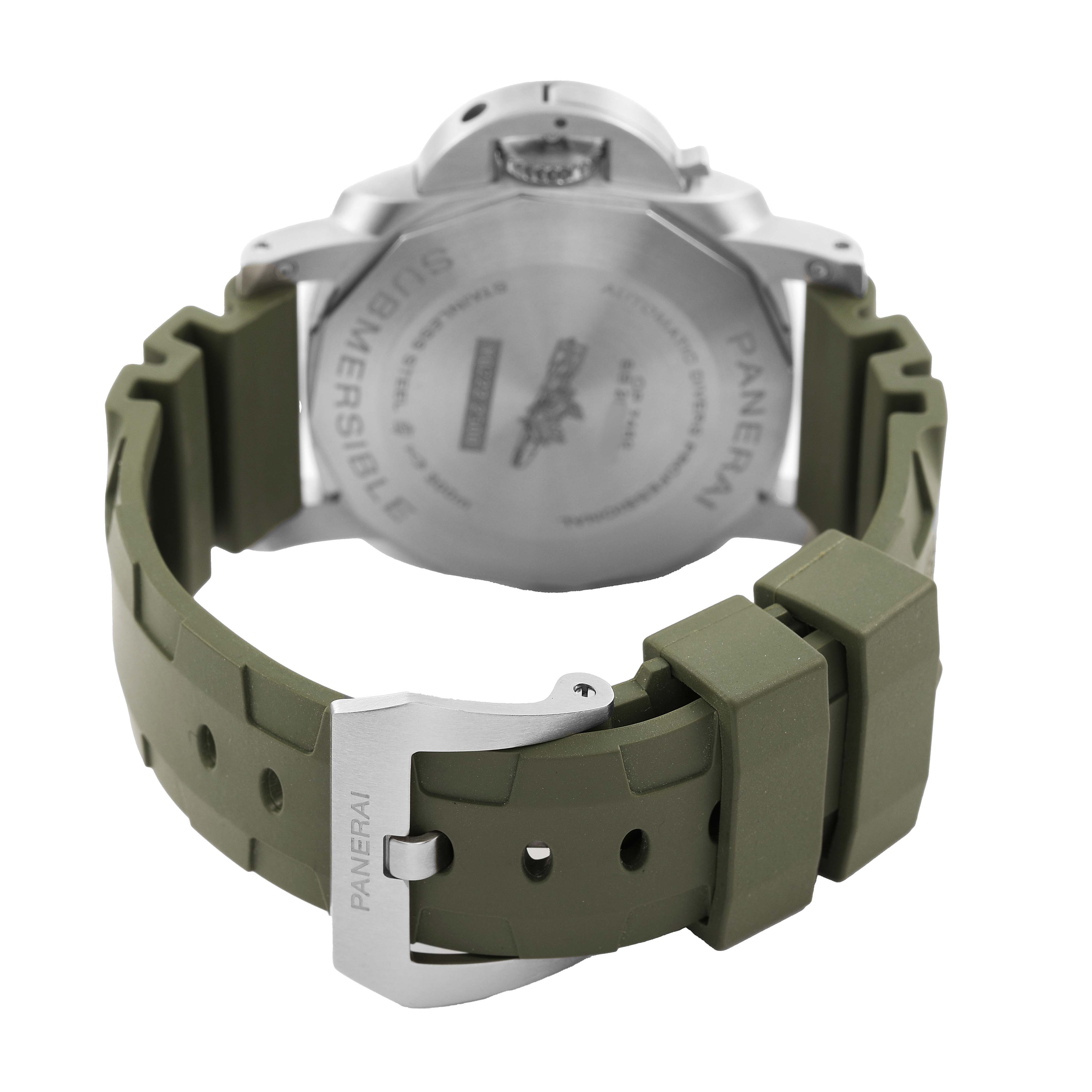 The image shows the back view of a Panerai Submersible PAM01226 Men's Stainless Steel White Dial watch, highlighting the case back and olive green strap with buckle.