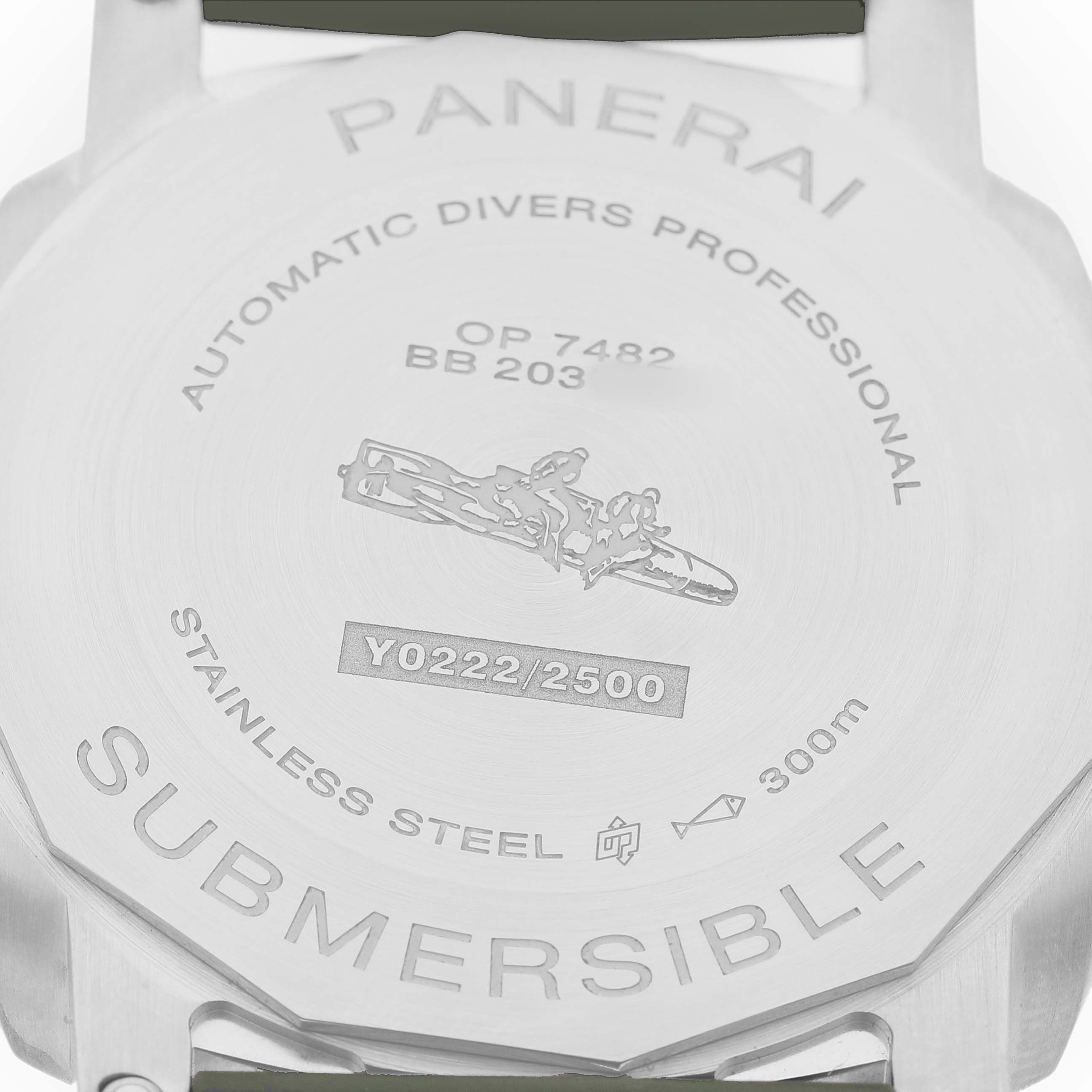 The image shows the back case of a Panerai Submersible PAM01226 Men's Stainless Steel White Dial watch, highlighting engravings and branding details.
