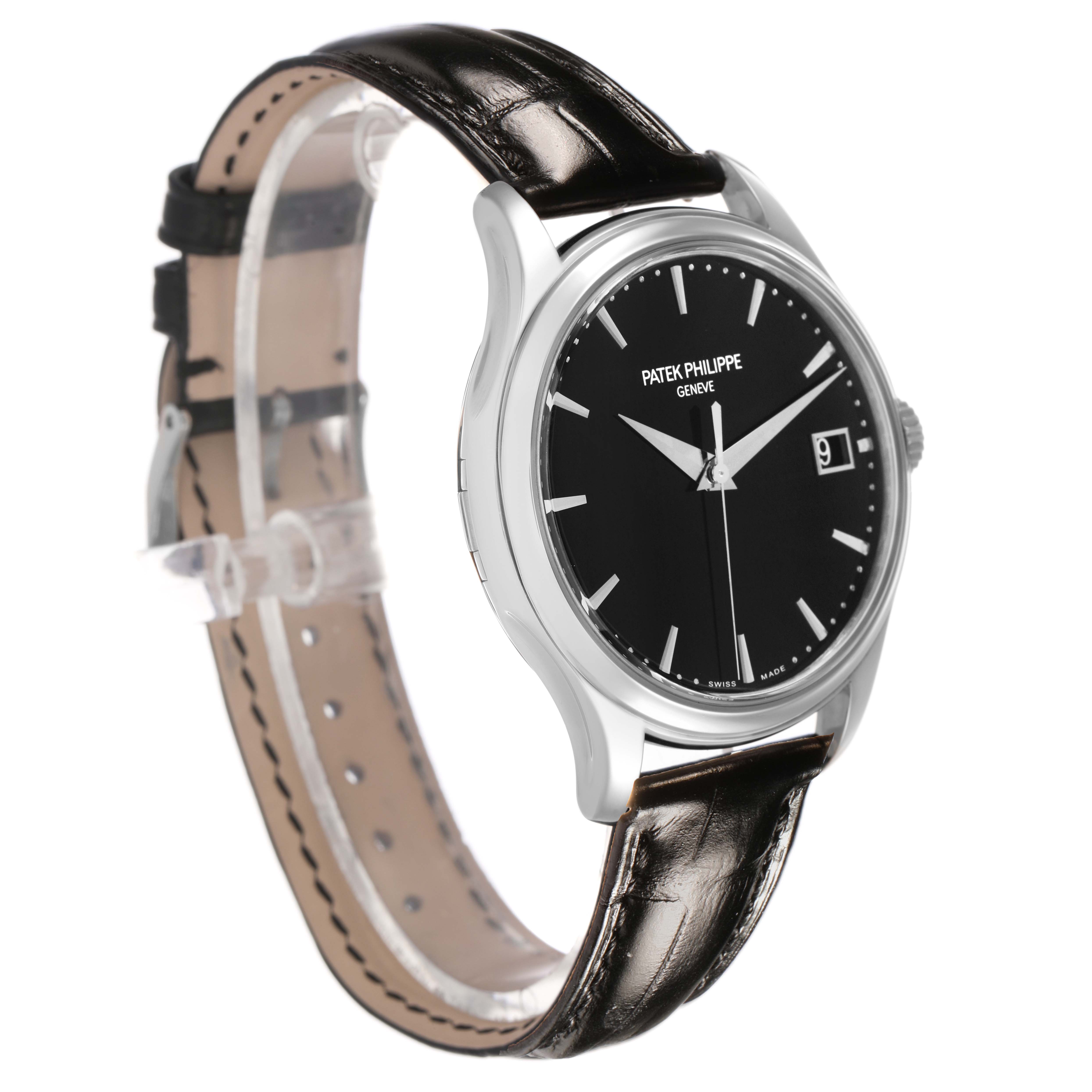 The image shows a Patek Philippe Calatrava 5227G-010 Men's White Gold Black Dial watch at a three-quarter angle, highlighting the dial, case, strap, and side crown.