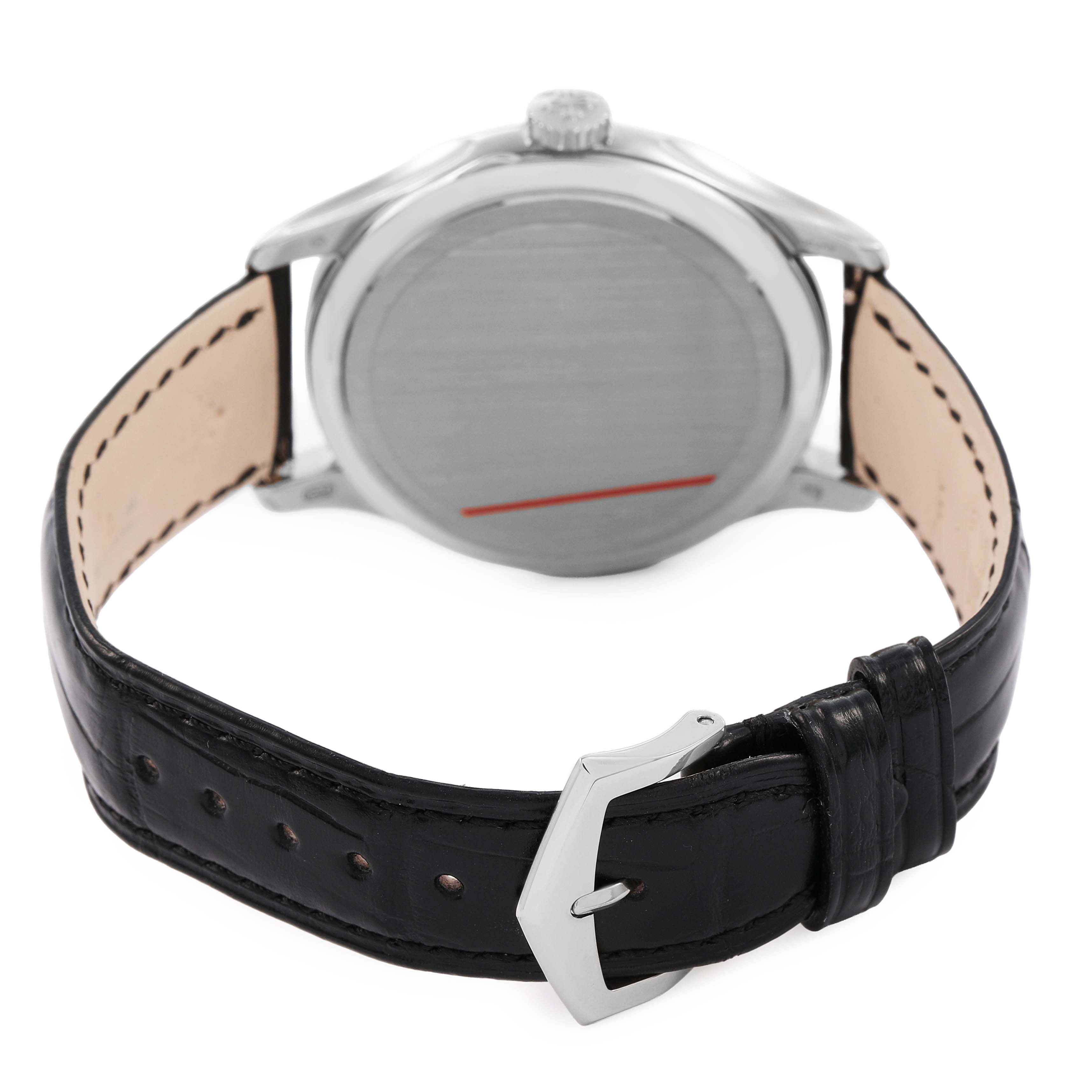 The image shows the back of a Patek Philippe Calatrava 5227G-010 Men's White Gold Black Dial watch, displaying the caseback, crown, and leather strap with a buckle.