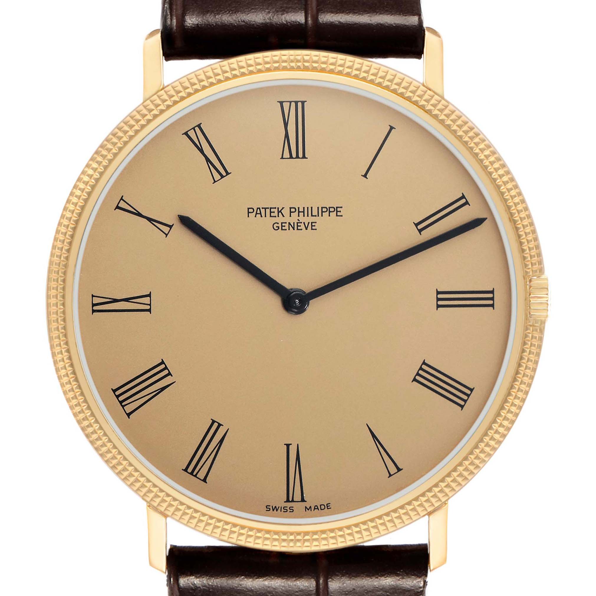 The image shows a frontal view of a Patek Philippe Calatrava 3588J Men's Yellow Gold Beige Dial watch, highlighting its gold case, Roman numerals, and leather strap.
