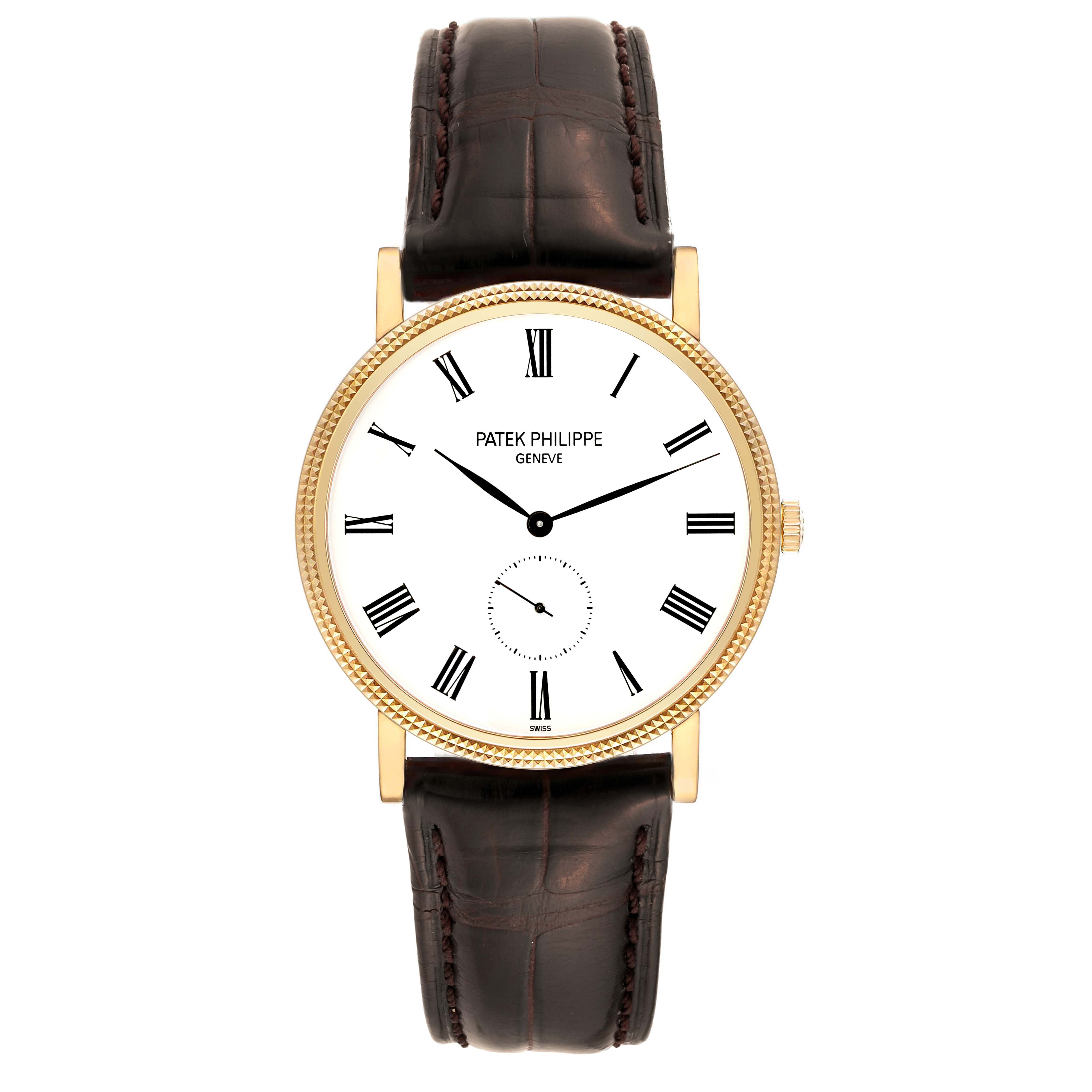 The image shows a front view of a Patek Philippe Calatrava 5119J Men's Yellow Gold White Dial 5119J Men's Yellow Gold White Dial watch with a white dial, Roman numerals, and a brown leather strap.