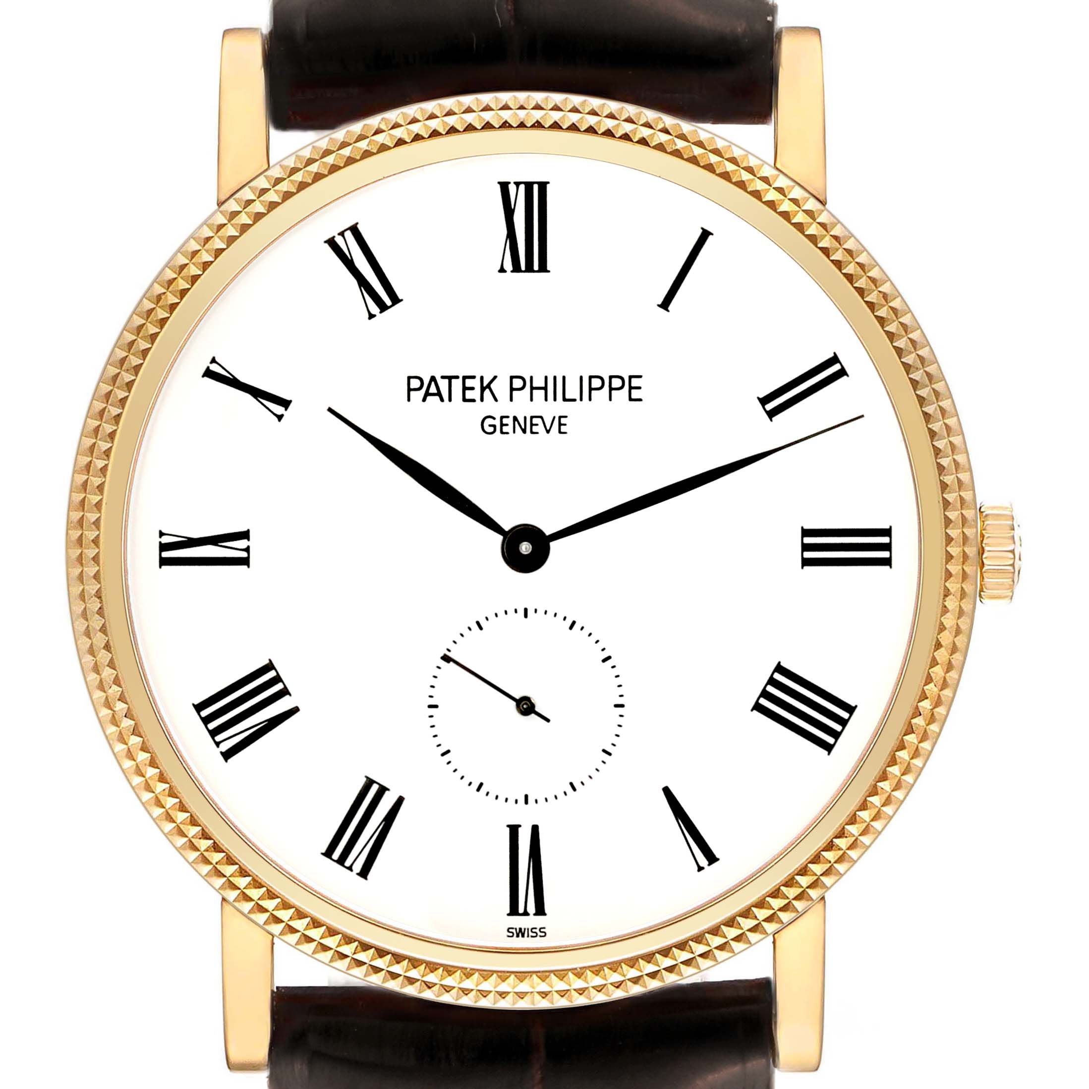 The image shows a front view of the Patek Philippe Calatrava 5119J Men's Yellow Gold White Dial 5119J Men's Yellow Gold White Dial watch, highlighting the dial, hands, and crown.