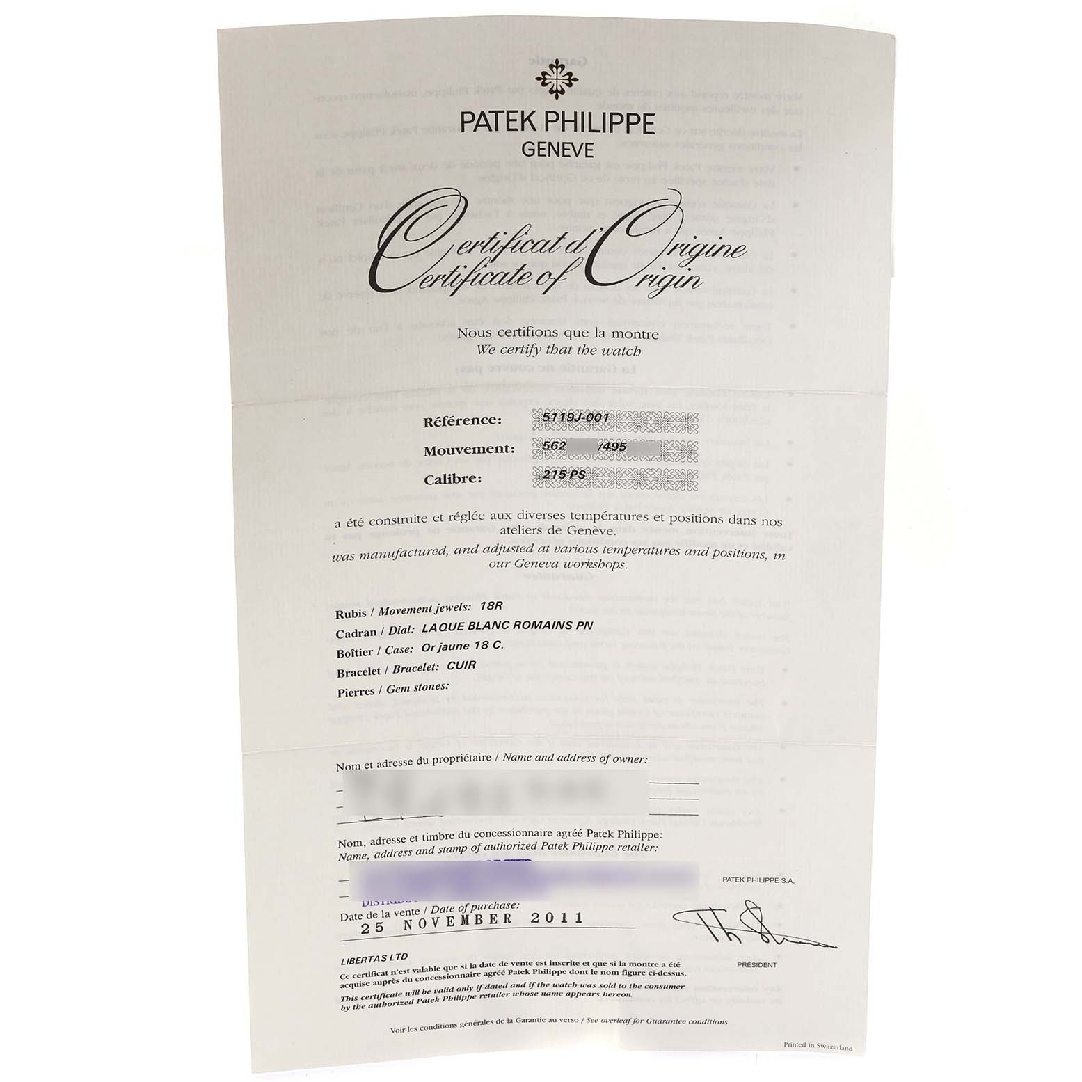 The image shows the Certificate of Origin for the Patek Philippe Calatrava 5119J Men's Yellow Gold White Dial 5119J Men's Yellow Gold White Dial model, providing details like reference, movement, and calibre.
