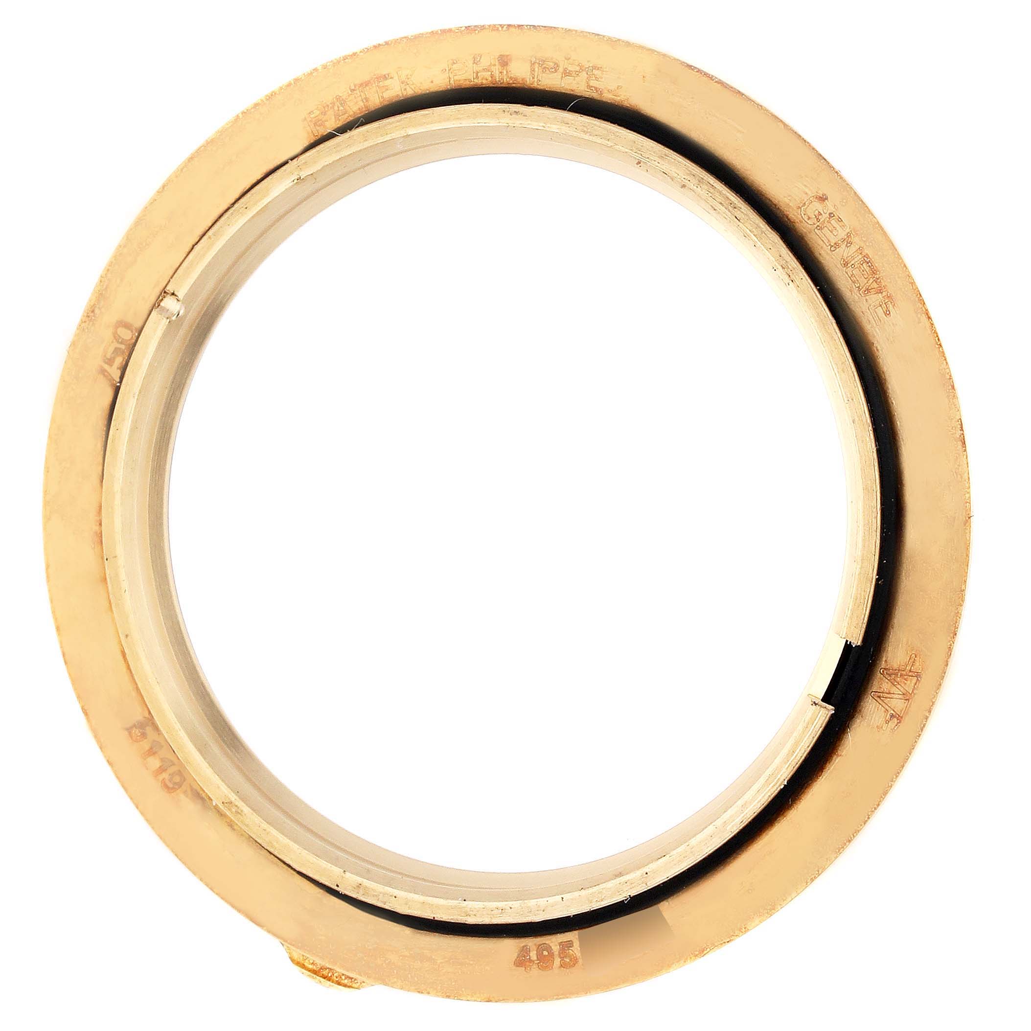 This image shows an overhead view of the bezel for a Patek Philippe Calatrava 5119J Men's Yellow Gold White Dial 5119J Men's Yellow Gold White Dial watch.