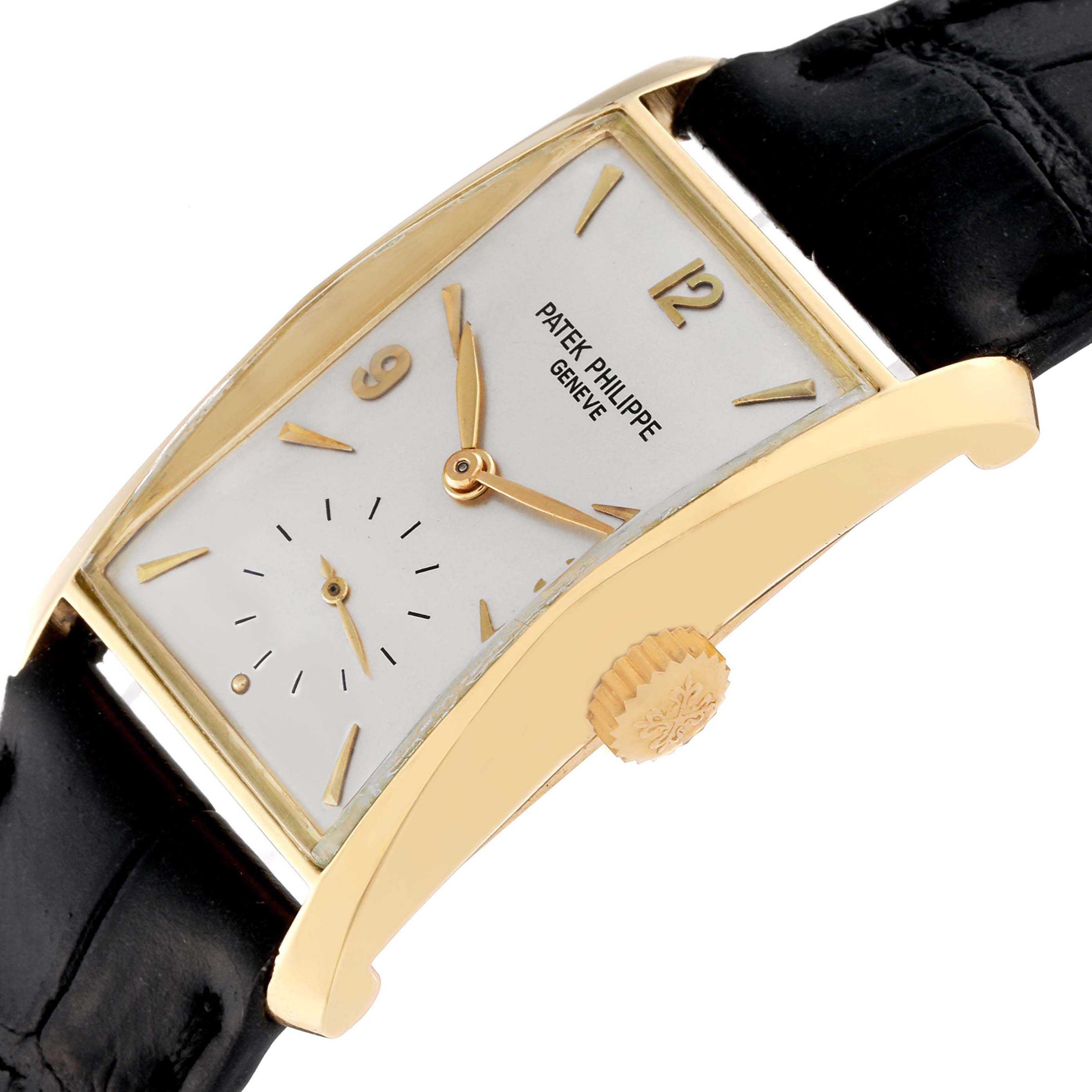 The Patek Philippe Vintage 2468 Men's Yellow Gold Silver Dial model is shown at an angle highlighting the dial, crown, and leather strap.