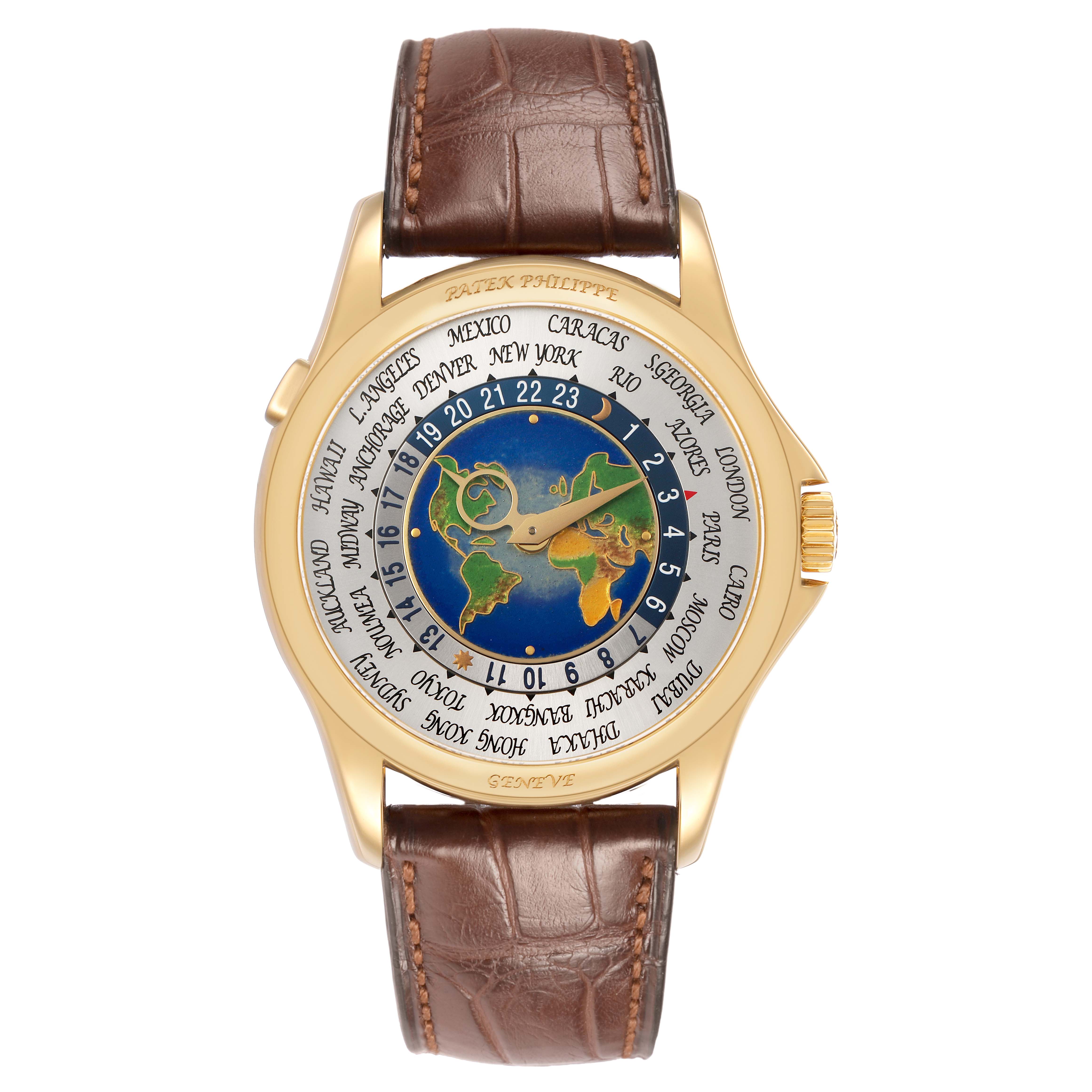 The Patek Philippe Complications 5131J-001 Men's Yellow Gold Silver Dial watch is shown from a top-down angle, highlighting its face, bezel, and leather strap.