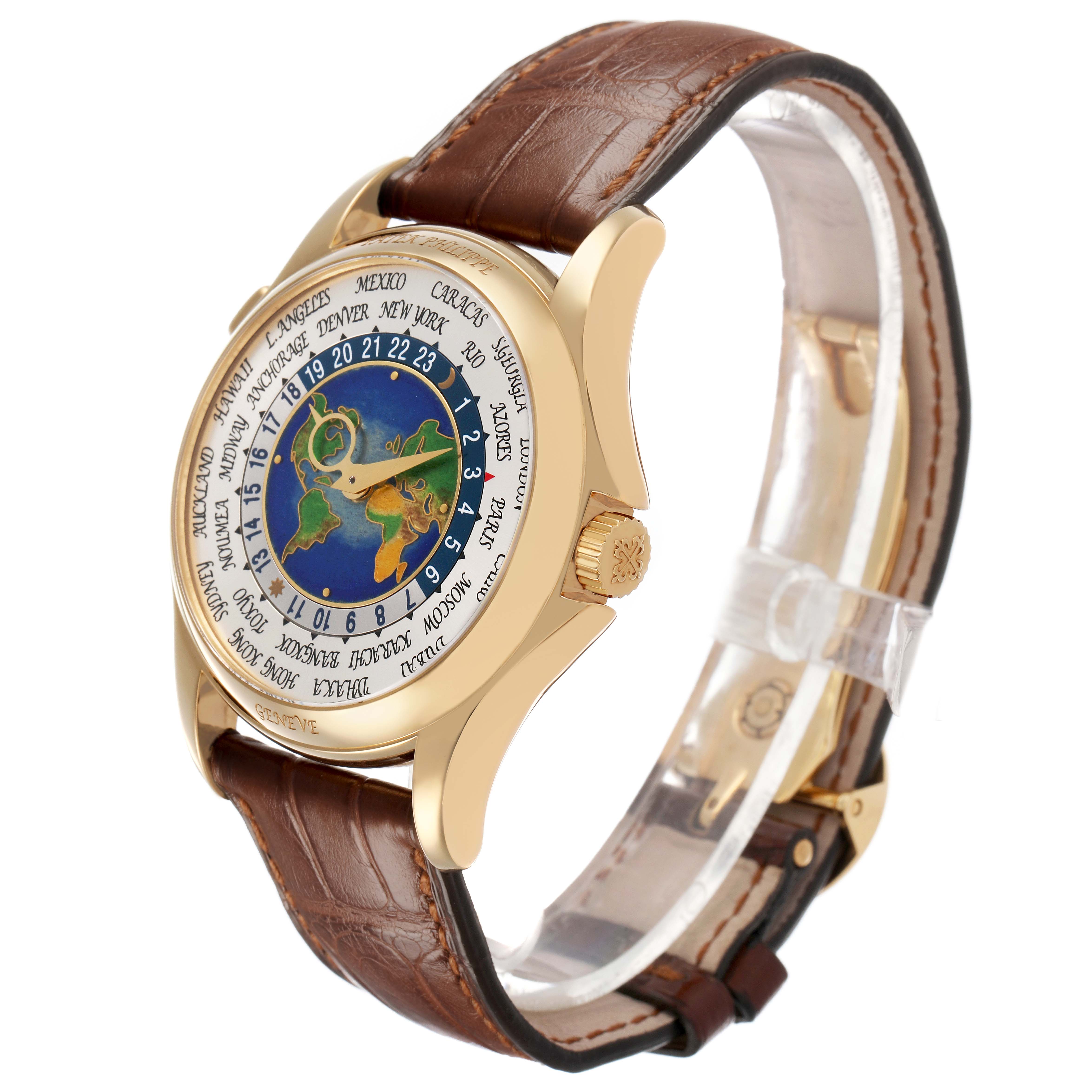 The Patek Philippe Complications 5131J-001 Men's Yellow Gold Silver Dial watch is shown at a three-quarter angle, highlighting the dial, case, crown, and leather strap.