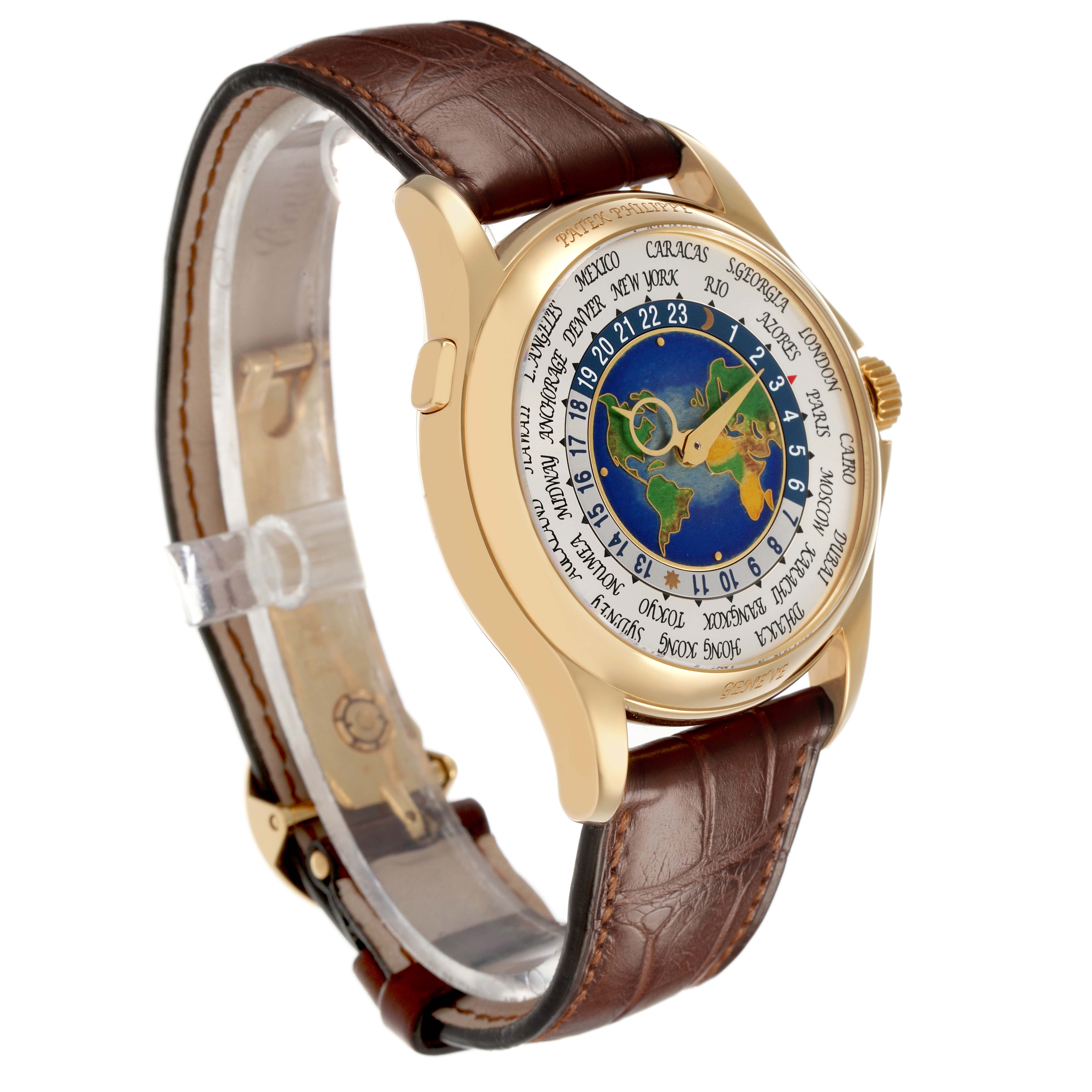 The Patek Philippe Complications 5131J-001 Men's Yellow Gold Silver Dial model is shown at a three-quarter angle, highlighting the dial, case, and leather strap.