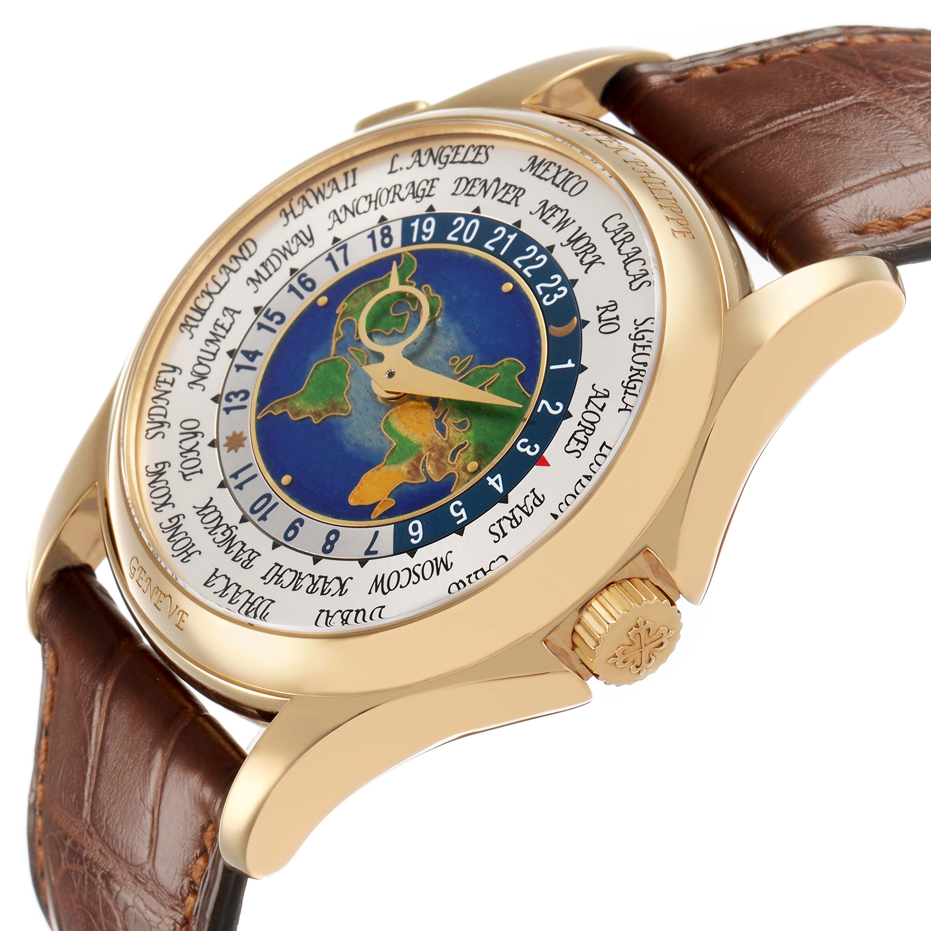 The Patek Philippe Complications 5131J-001 Men's Yellow Gold Silver Dial watch is shown at a side angle, highlighting the world time dial, gold case, and brown leather strap.