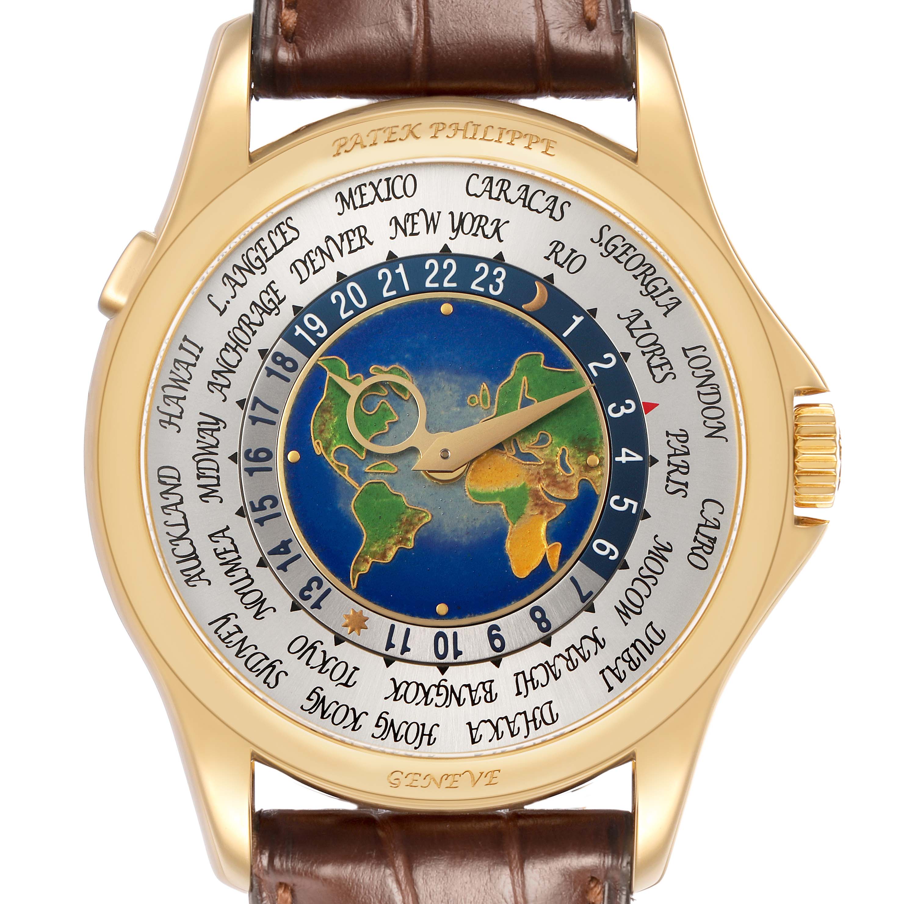 The Patek Philippe Complications 5131J-001 Men's Yellow Gold Silver Dial watch is shown from the front, highlighting its world time dial and intricate details.
