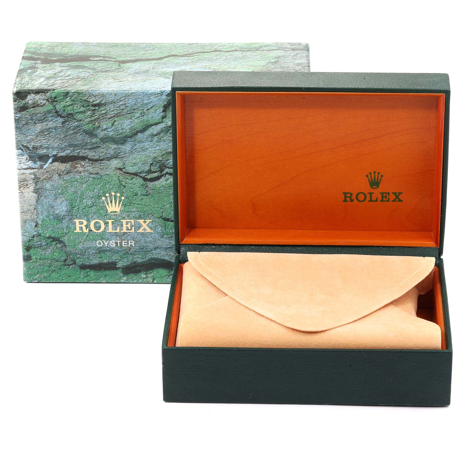 The image shows an open Rolex Air-King 14010 Men's Stainless Steel Black Dial 14010 Men's Stainless Steel Black Dial watch box and a closed pouch, viewed from the front.