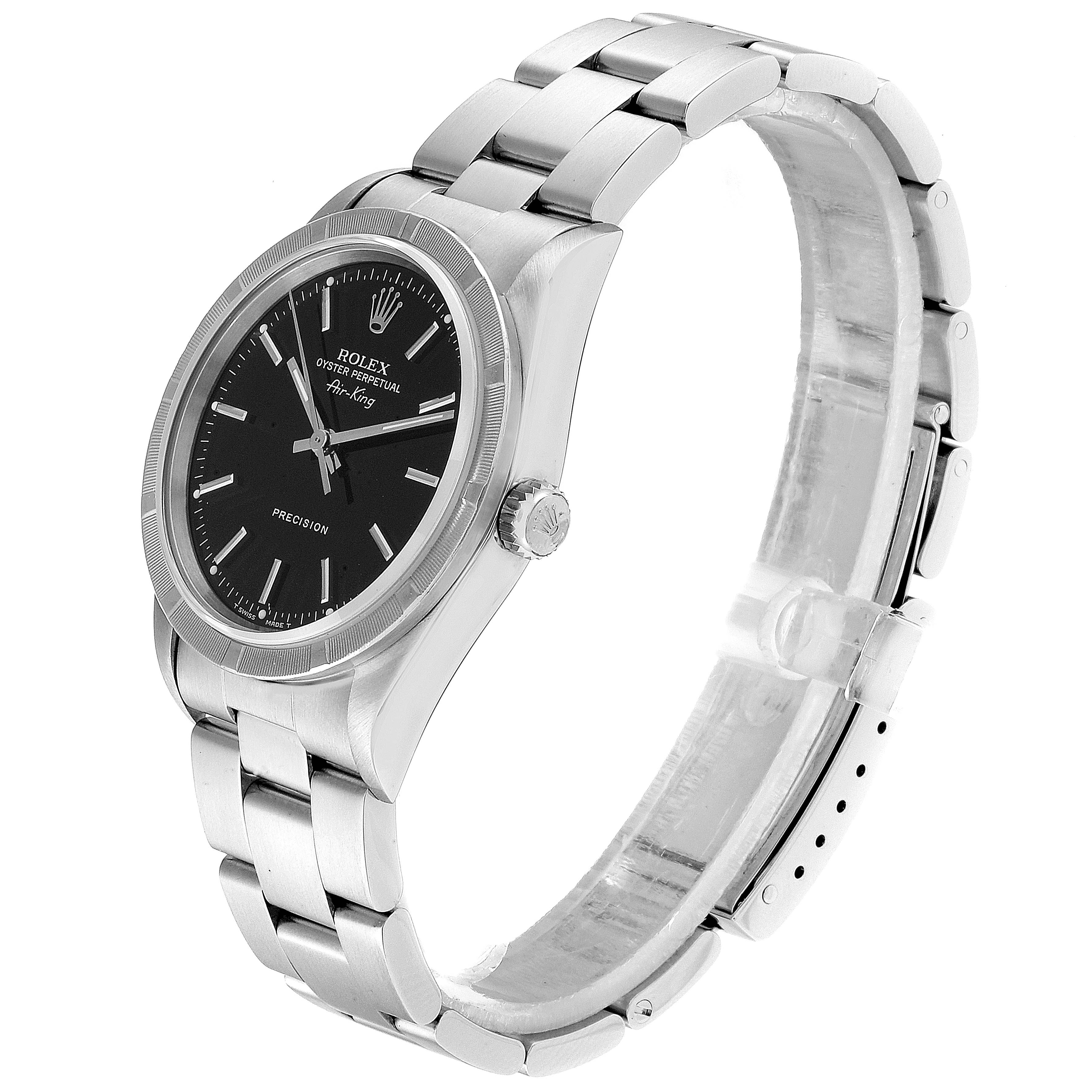 The Rolex Air-King 14010 Men's Stainless Steel Black Dial 14010 Men's Stainless Steel Black Dial watch is shown at an angled side view, displaying its black dial, crown, and stainless steel bracelet.