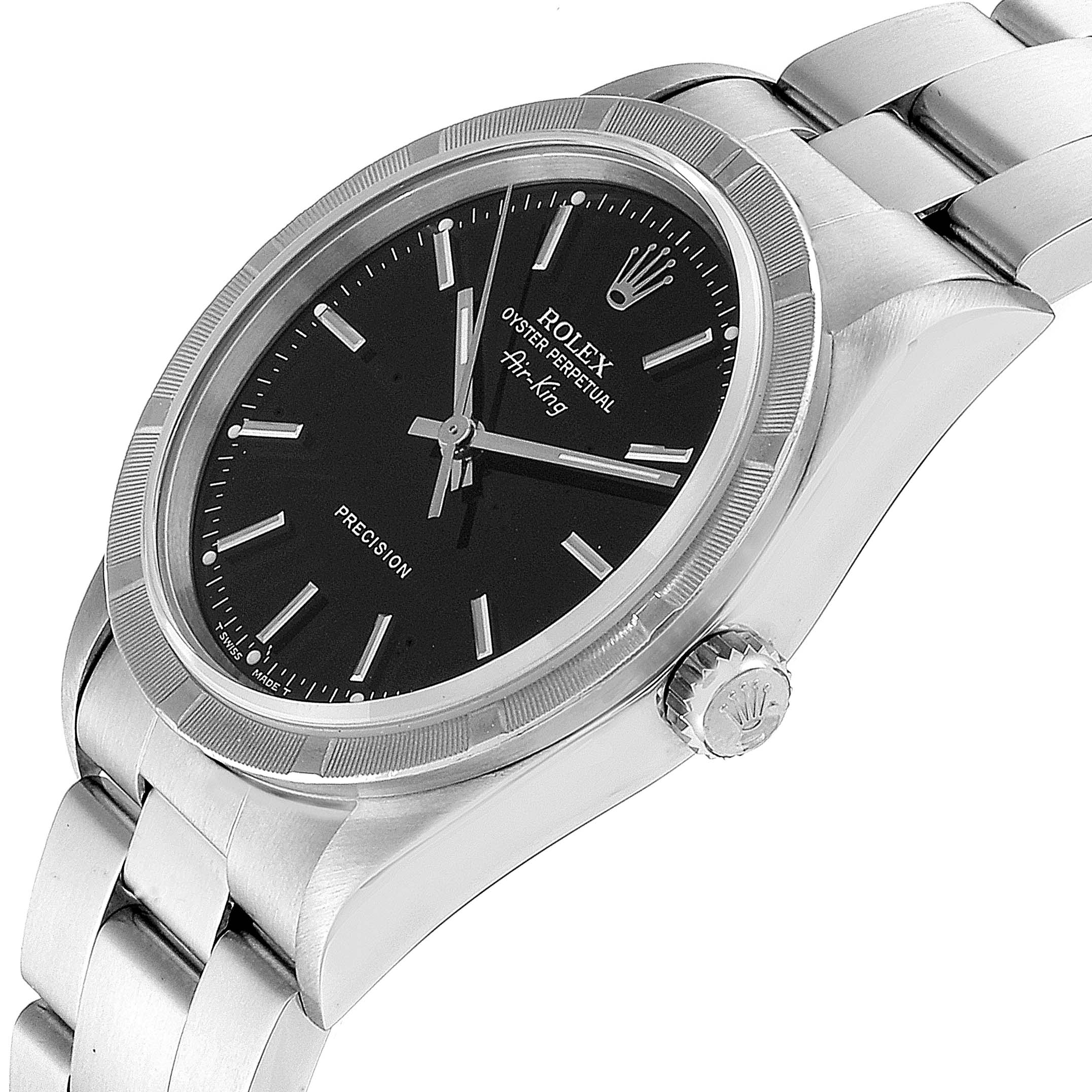 The Rolex Air-King 14010 Men's Stainless Steel Black Dial 14010 Men's Stainless Steel Black Dial watch is shown at a slight angle, highlighting the face, bezel, crown, and part of the bracelet.